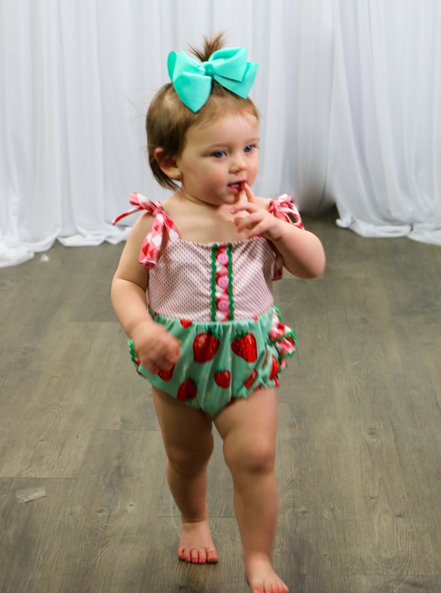 Mint Strawberry Tie Bubble Romper - Marie Nicole Clothing