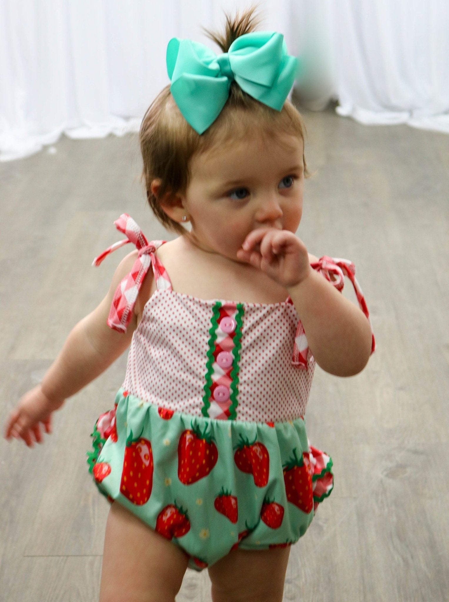 Mint Strawberry Tie Bubble Romper - Marie Nicole Clothing