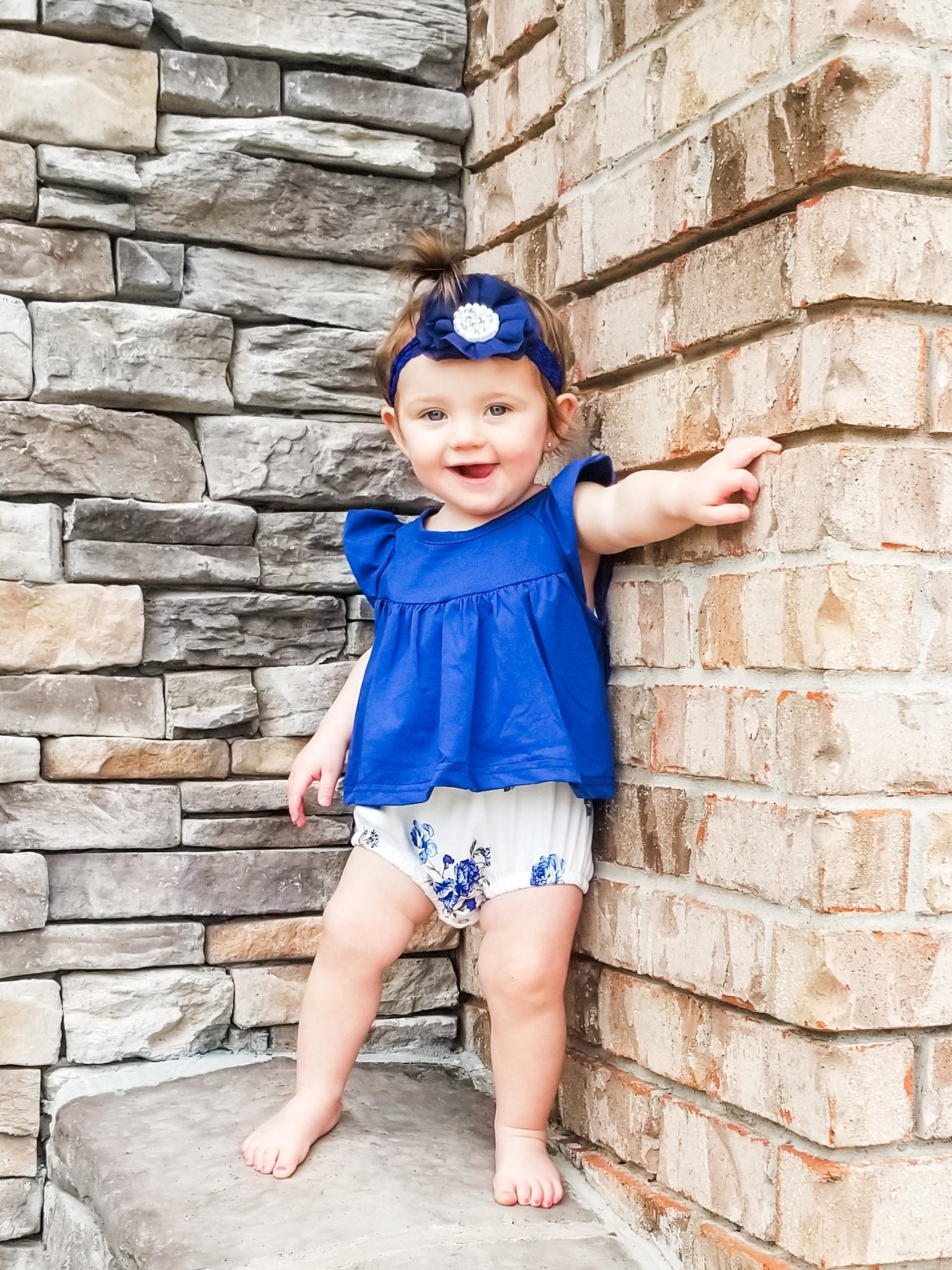 Navy Blue & White Floral Bloomers Outfit - Marie Nicole Clothing