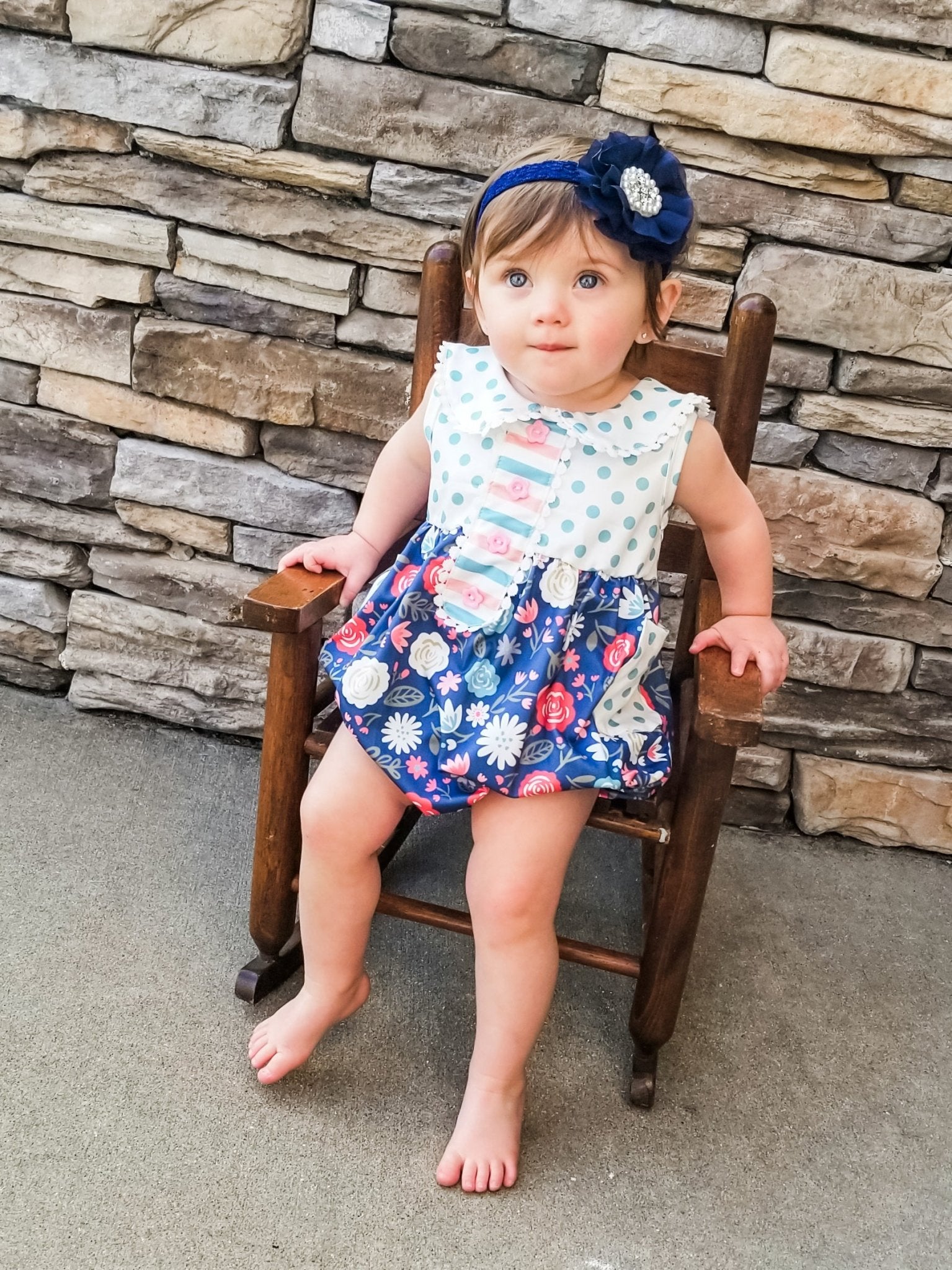 Navy Floral Polka Dotted Bubble Romper - Marie Nicole Clothing