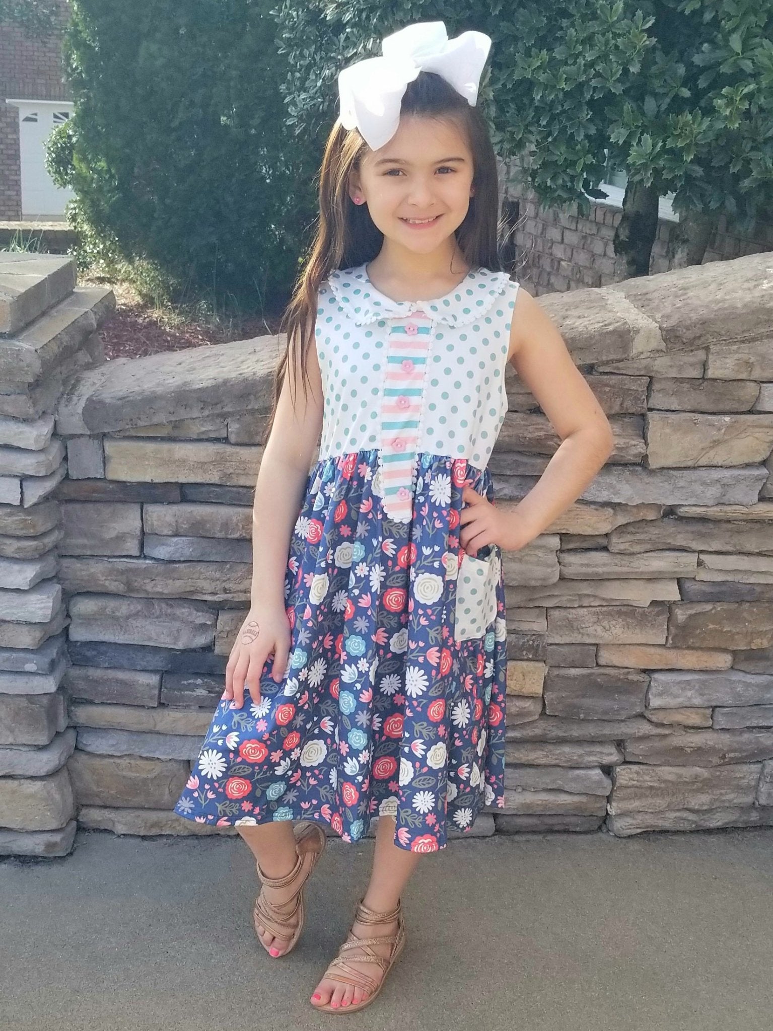 Navy Floral Polka Dotted Dress - Marie Nicole Clothing