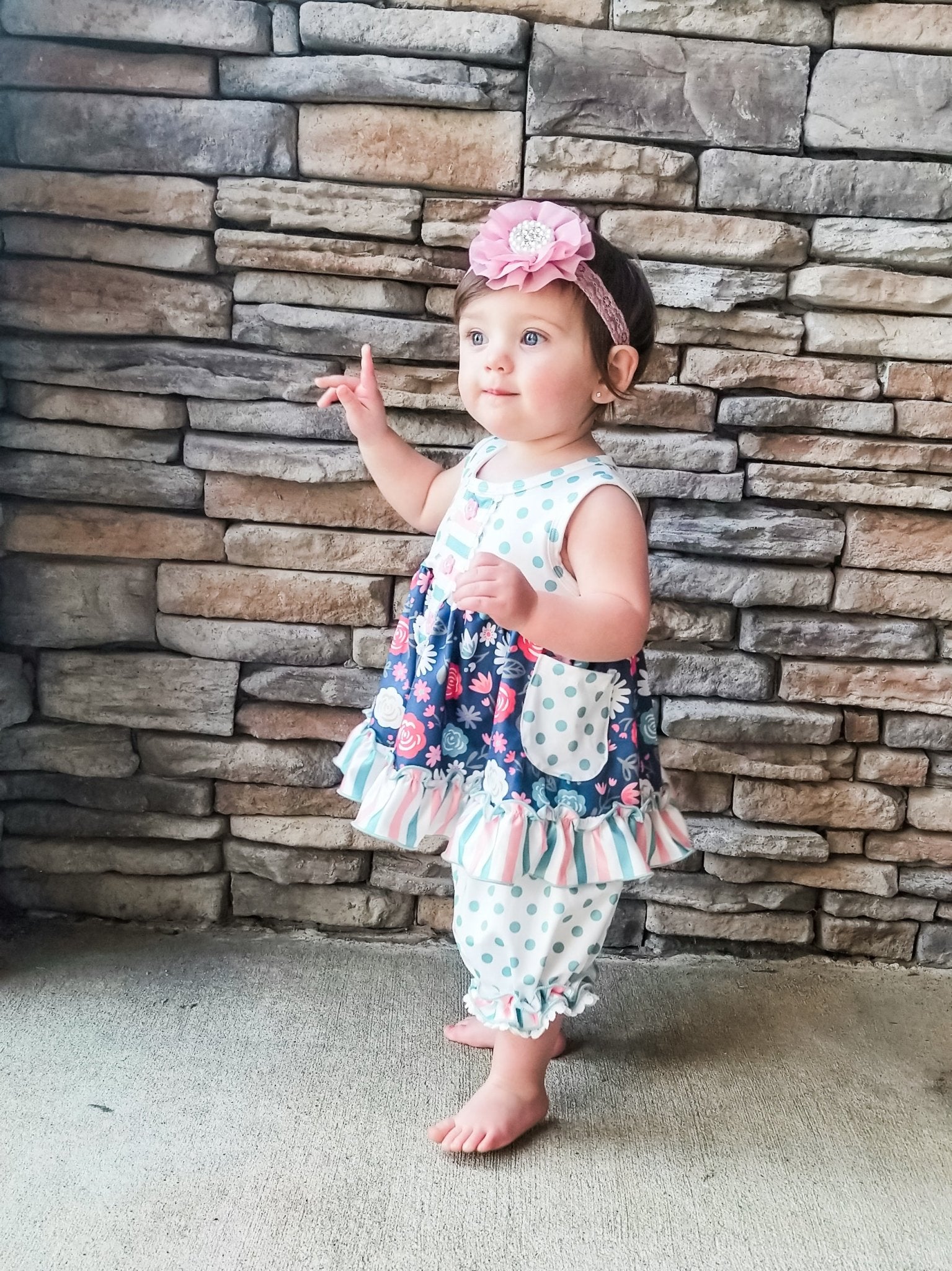 Navy Floral Polka Dotted Outfit - Marie Nicole Clothing