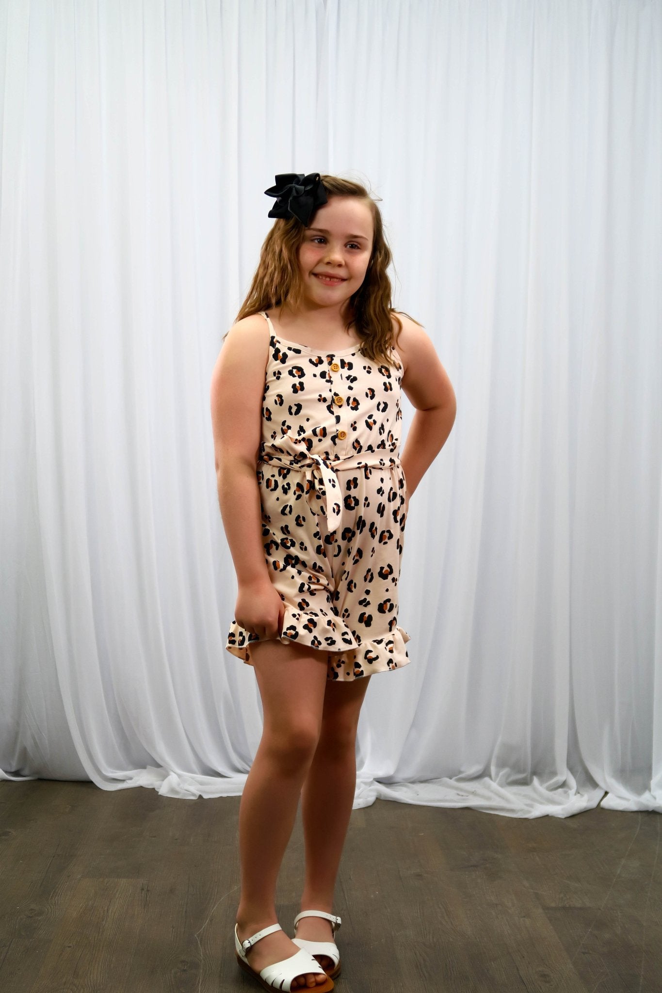 Petal Peach Leopard Tie Romper - Marie Nicole Clothing