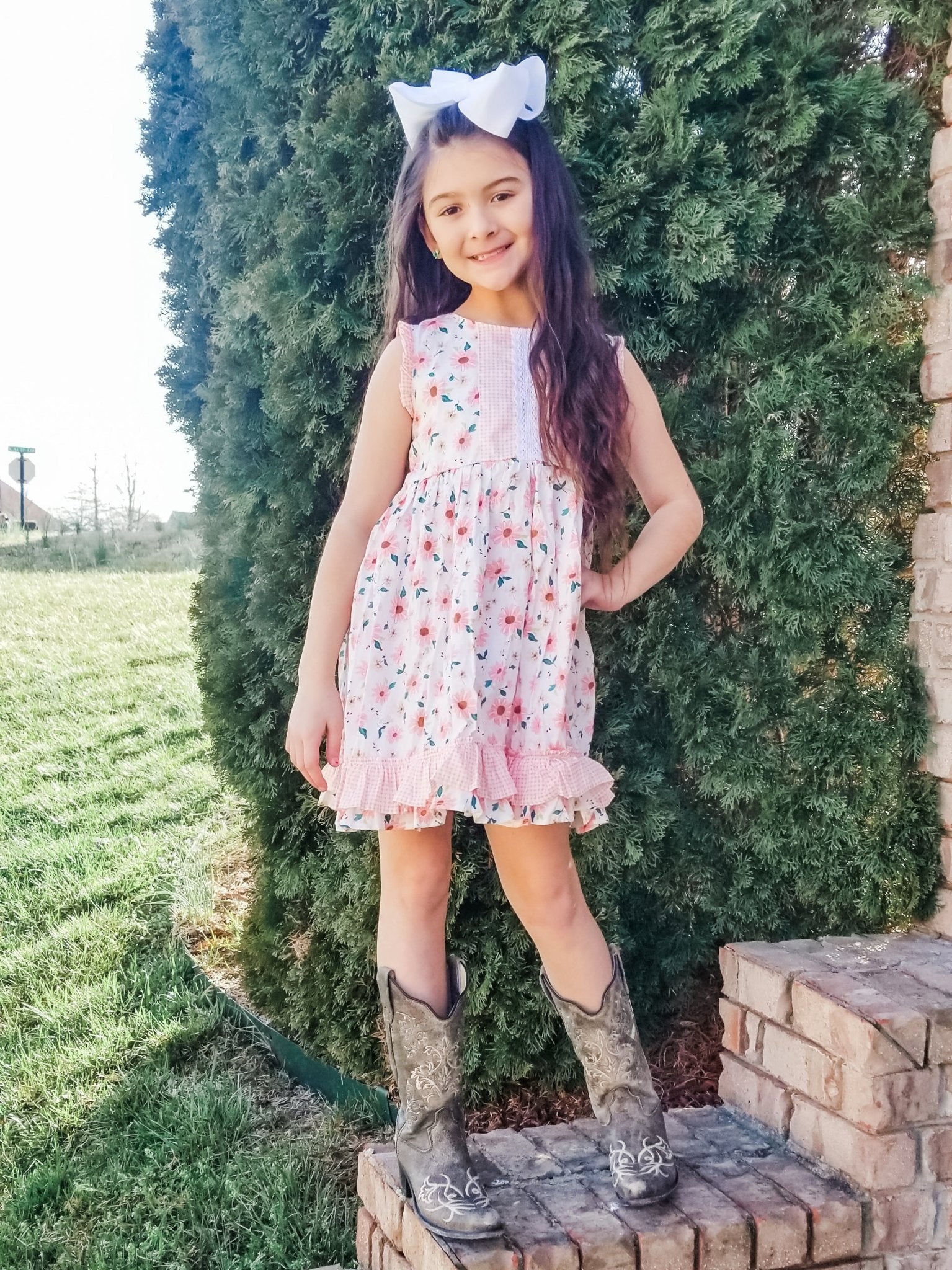 Pink Zinnia & Checked Ruffle Dress - Marie Nicole Clothing