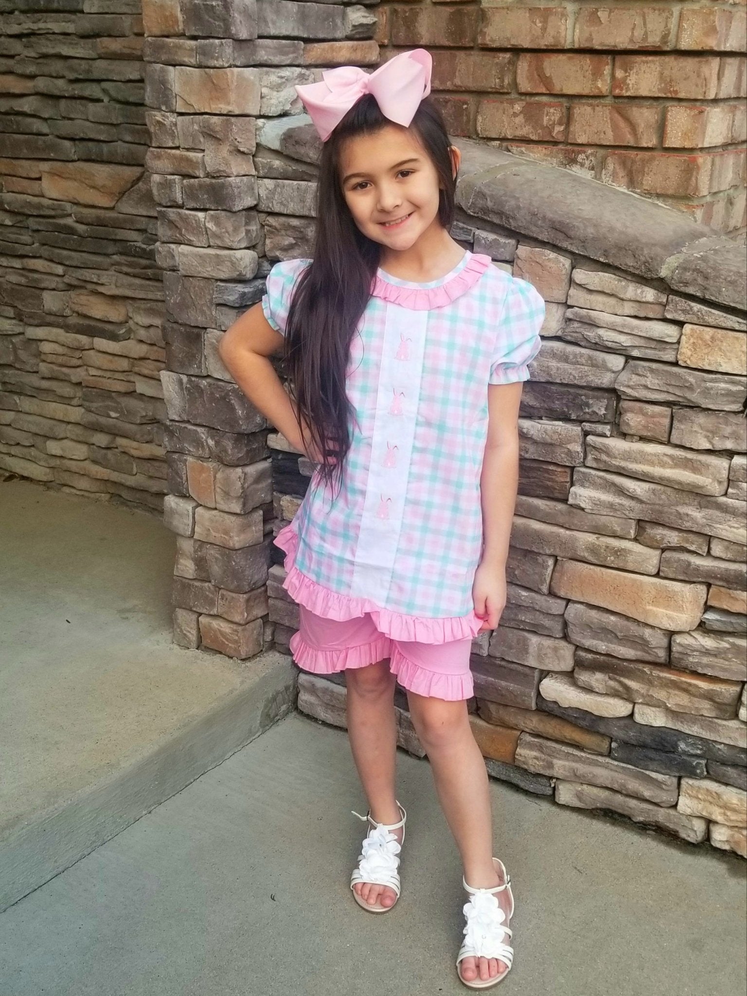 Pinky Check Bunny Ruffle Outfit - Marie Nicole Clothing