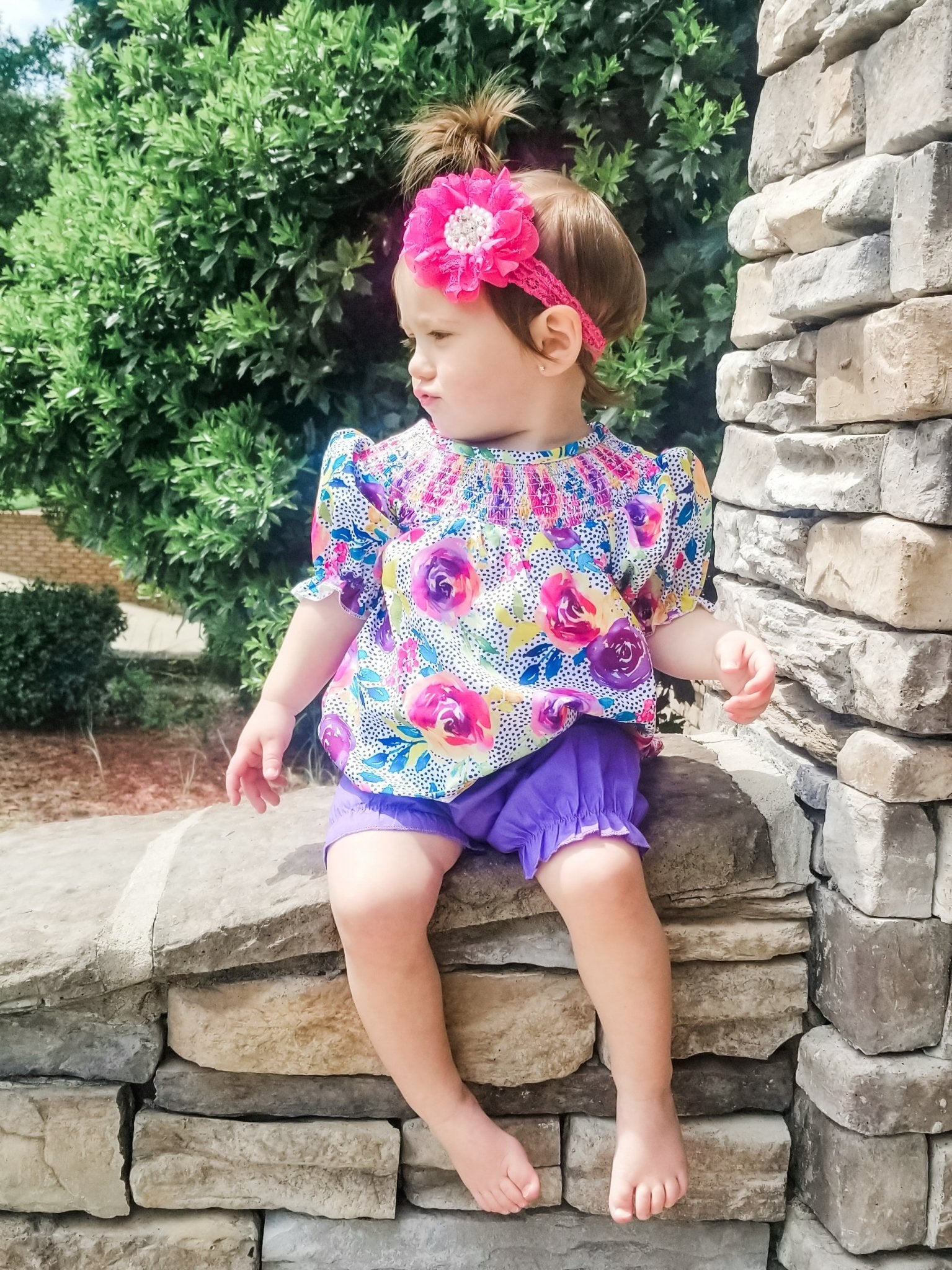 Smocked Bright Rose Top & Purple Bottoms Outfit - Marie Nicole Clothing