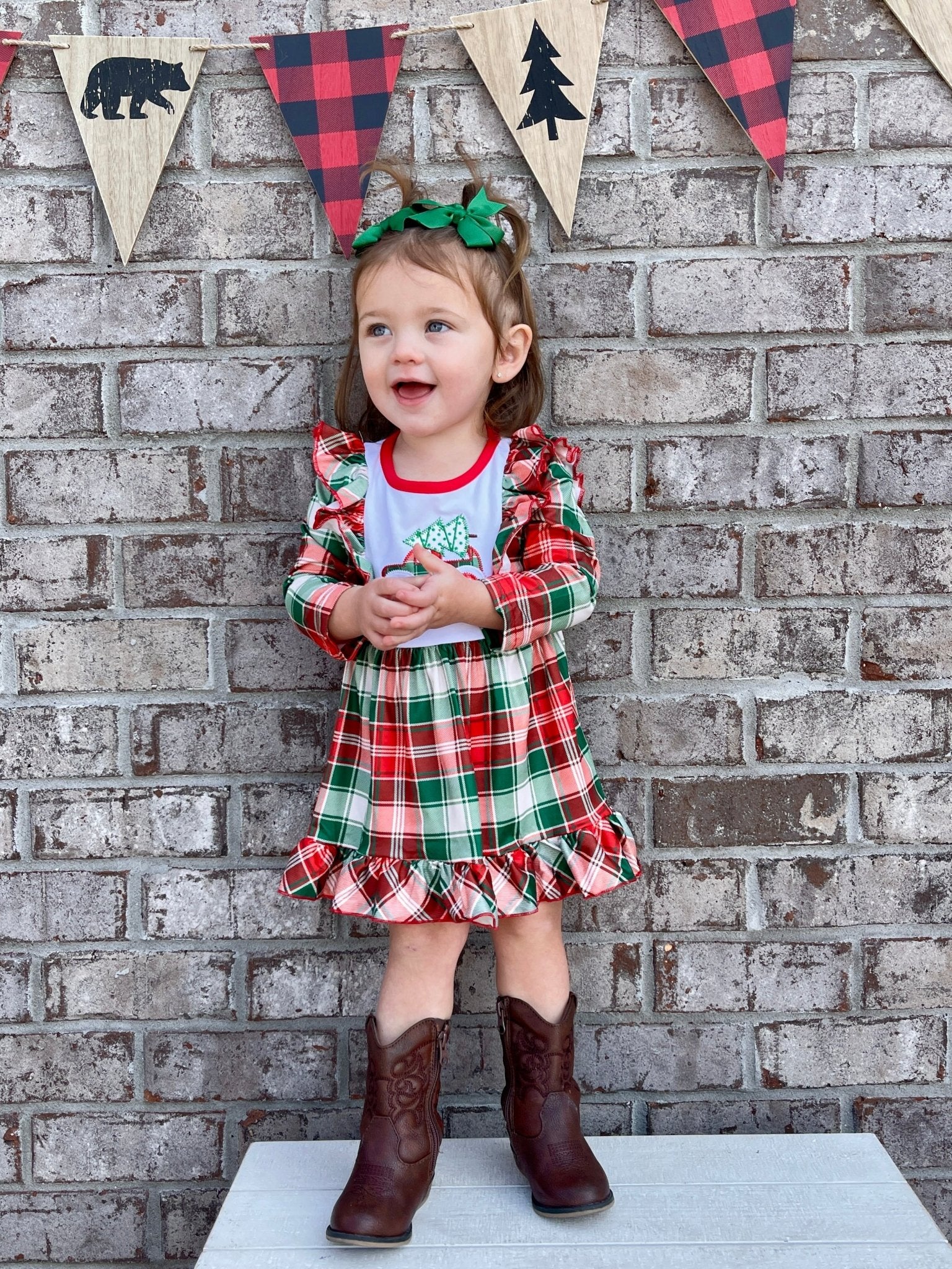 Red & Green Plaid Christmas Tree Ruffle Dress - Marie Nicole Clothing