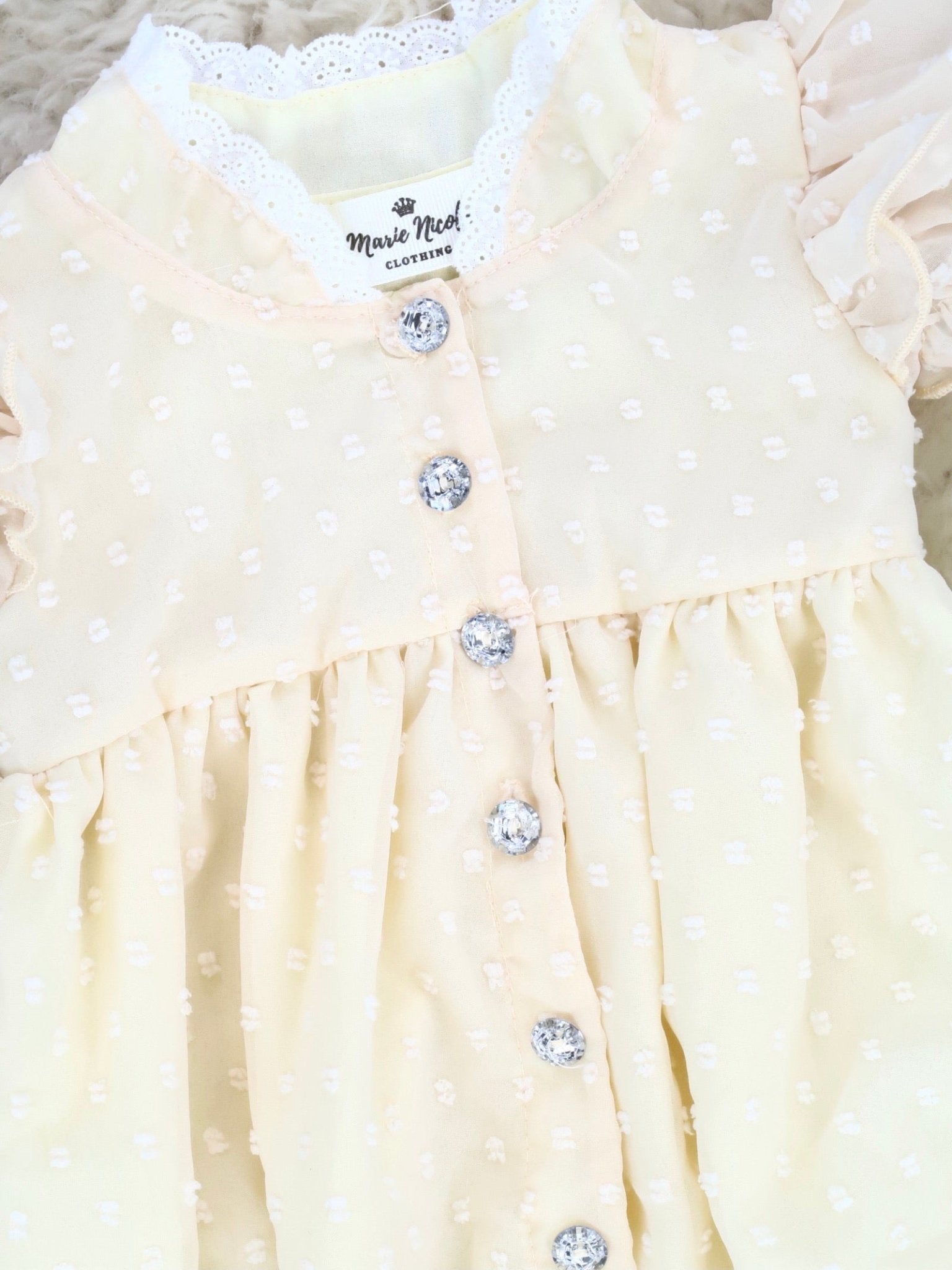 Swiss Dot Ruffle Bubble With Crystal Buttons - Cream - Marie Nicole Clothing