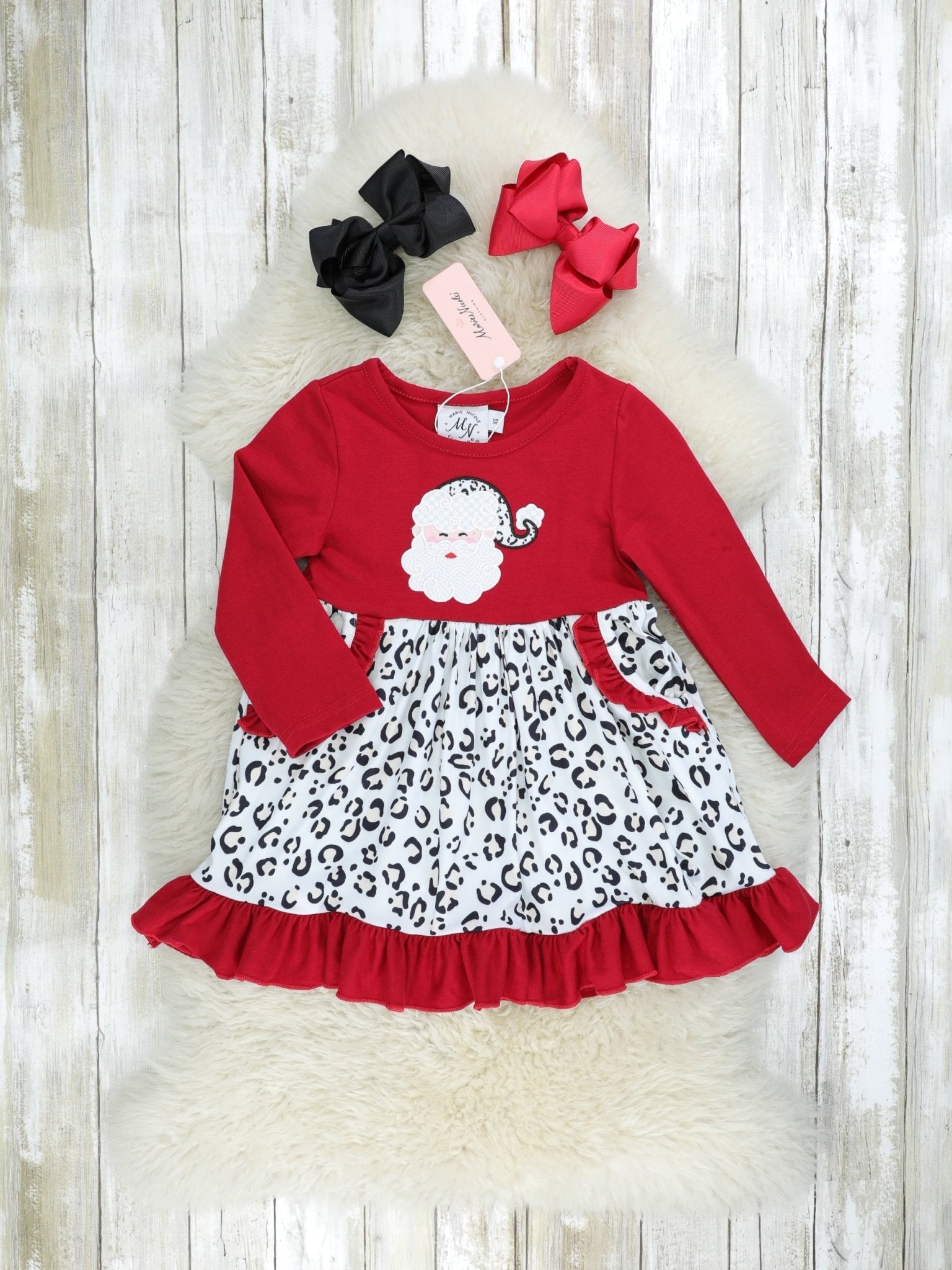 Snow Leopard Santa Ruffle Dress - Marie Nicole Clothing
