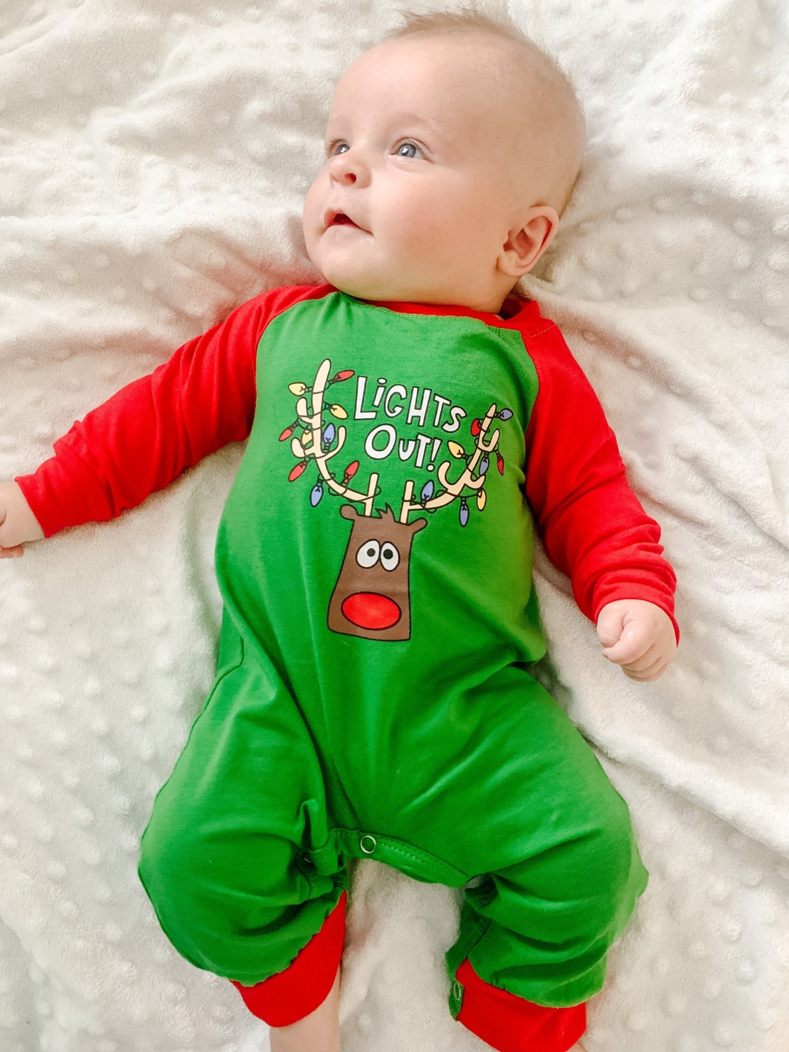 "Lights Out" Reindeer Raglan Romper - Marie Nicole Clothing