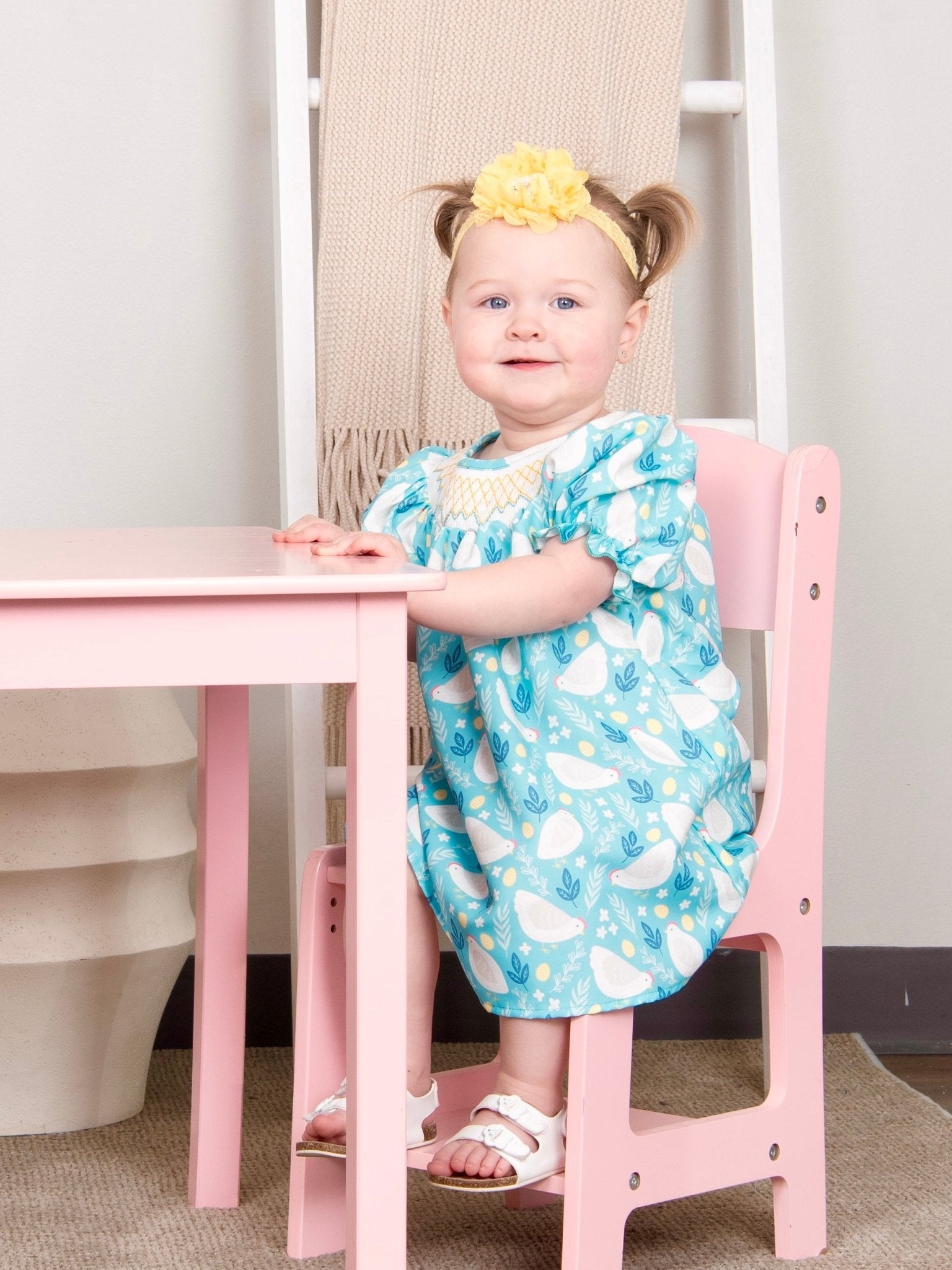 Sky Blue Smocked Chicken Dress - Marie Nicole Clothing