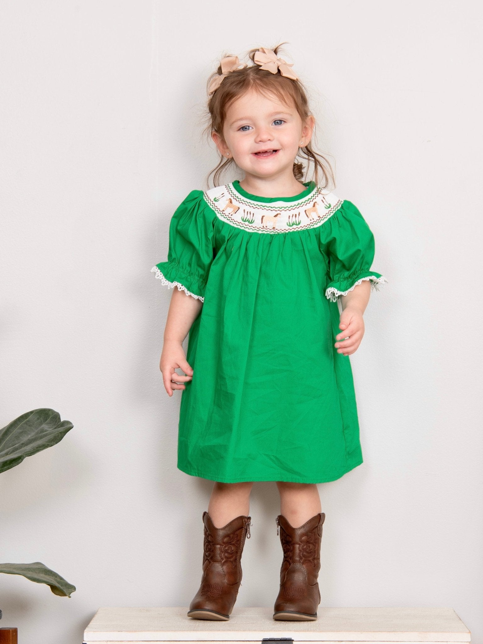 Green Smocked Horse Dress - Marie Nicole Clothing