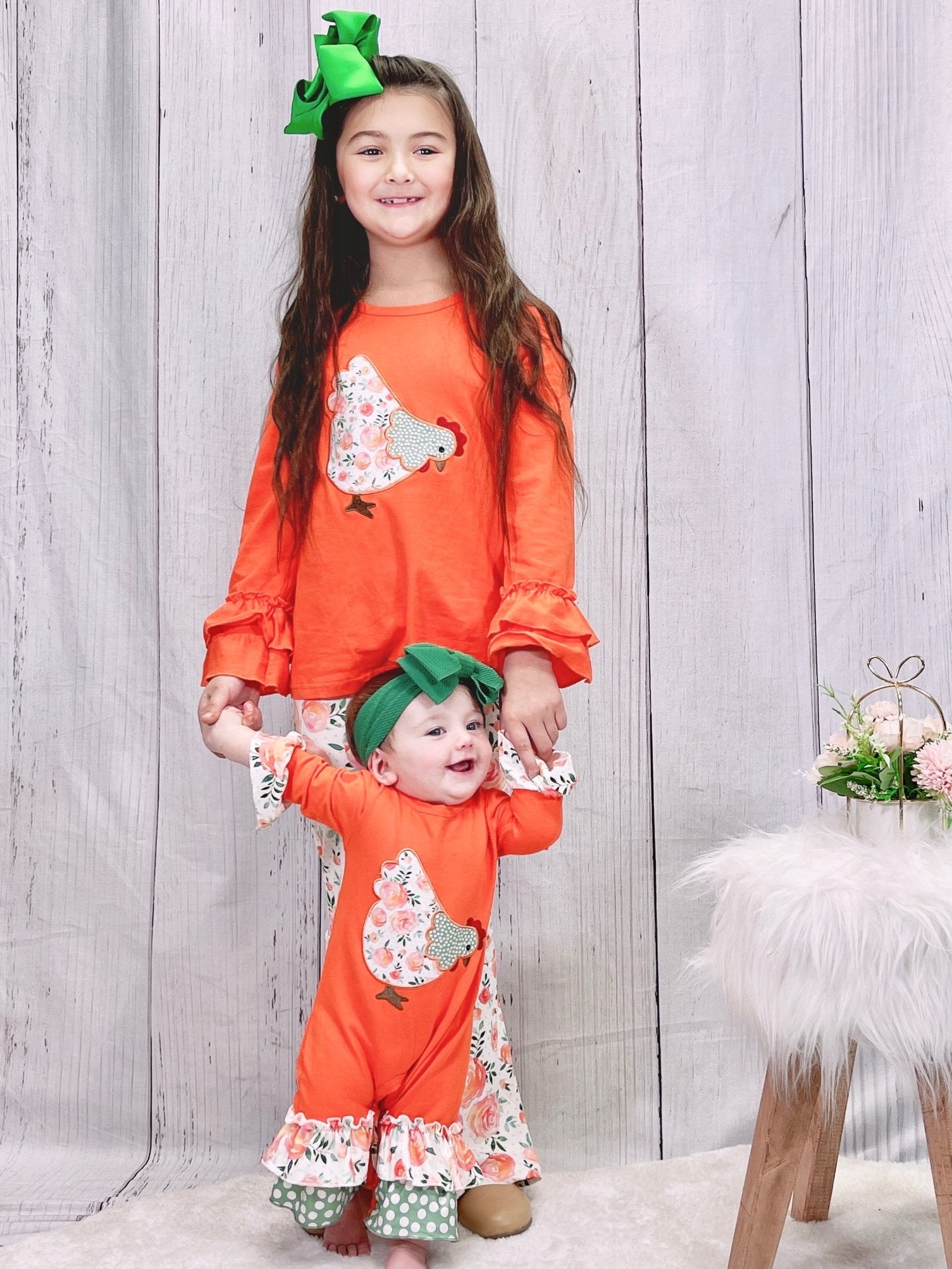 Orange Ruffle Floral Chicken Romper - Marie Nicole Clothing
