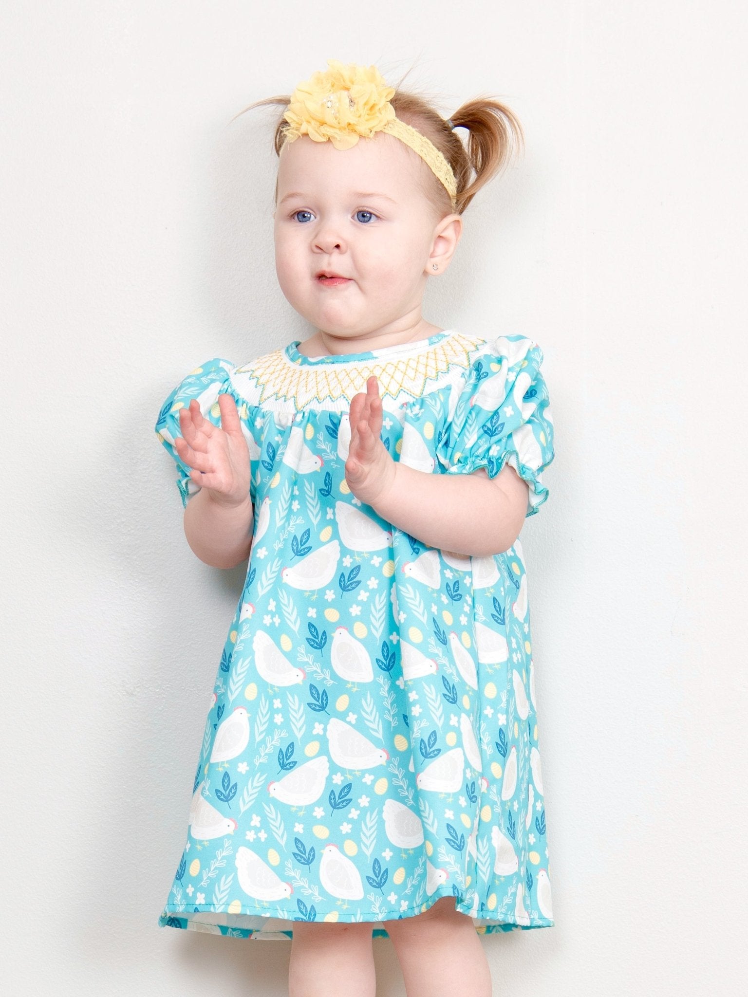 Sky Blue Smocked Chicken Dress - Marie Nicole Clothing