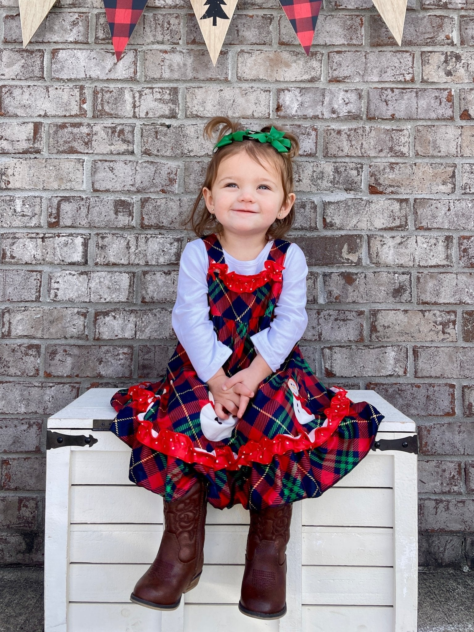 Plaid Snowman Ruffle Dress W/ White Top - Marie Nicole Clothing