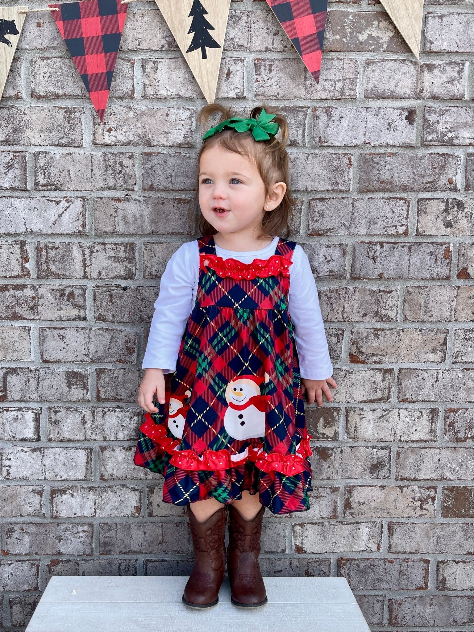 Plaid Snowman Ruffle Dress W/ White Top - Marie Nicole Clothing