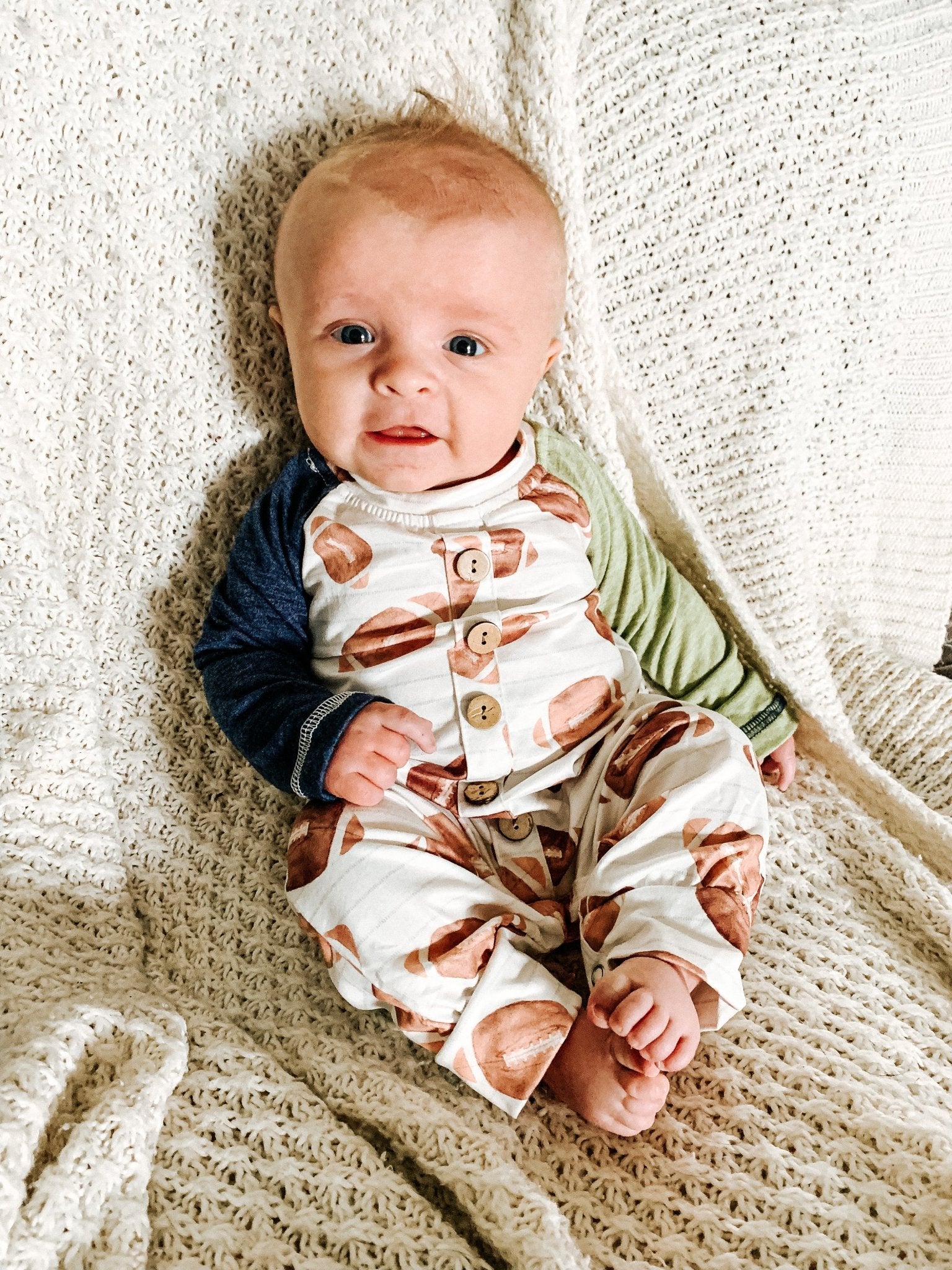 Navy & Green Football Button Romper - Marie Nicole Clothing