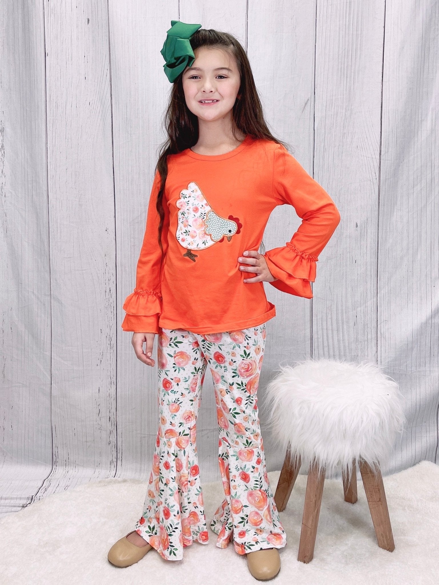 Orange Ruffle Floral Chicken Bell Bottom Outfit - Marie Nicole Clothing