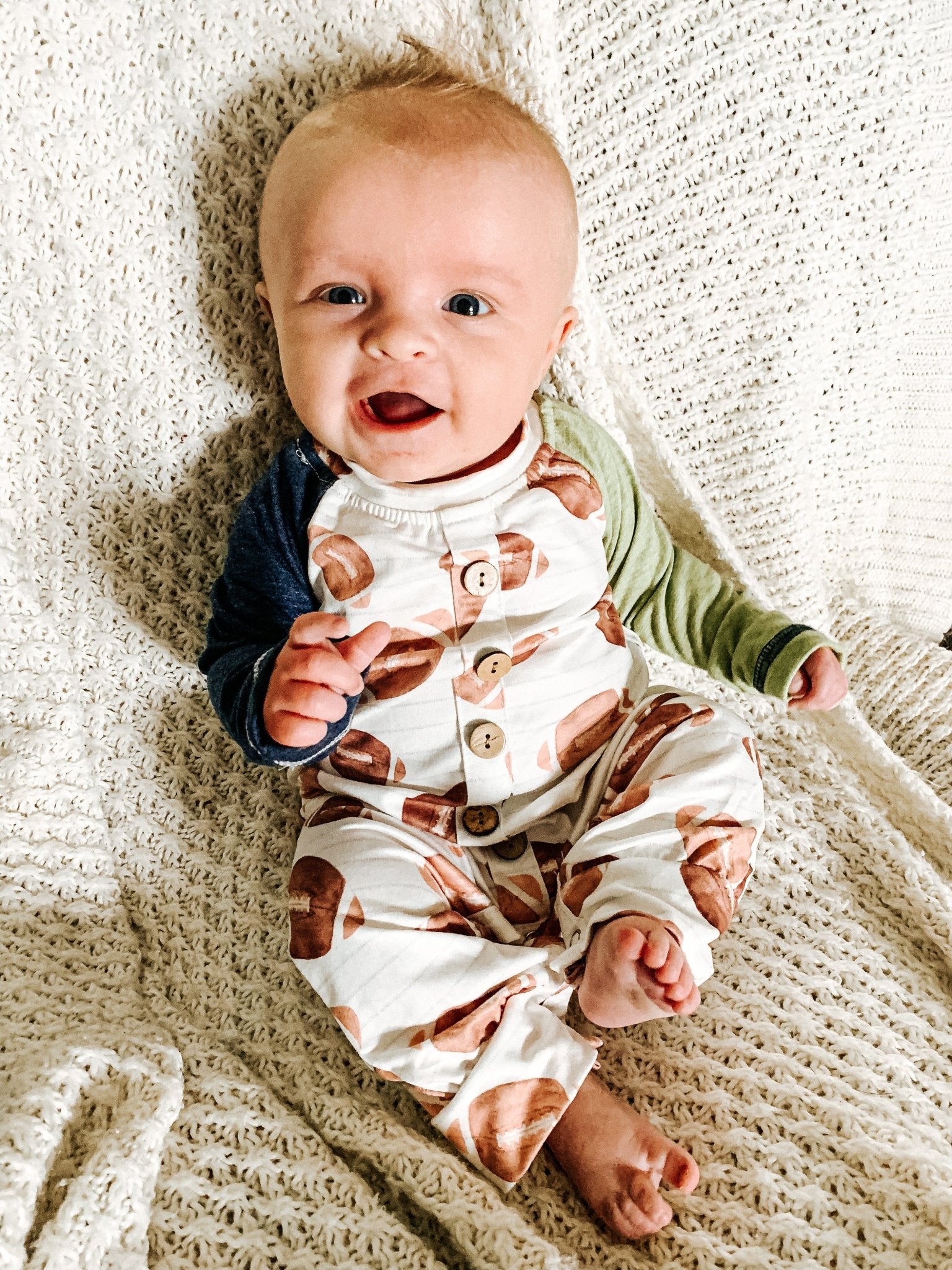 Navy & Green Football Button Romper - Marie Nicole Clothing