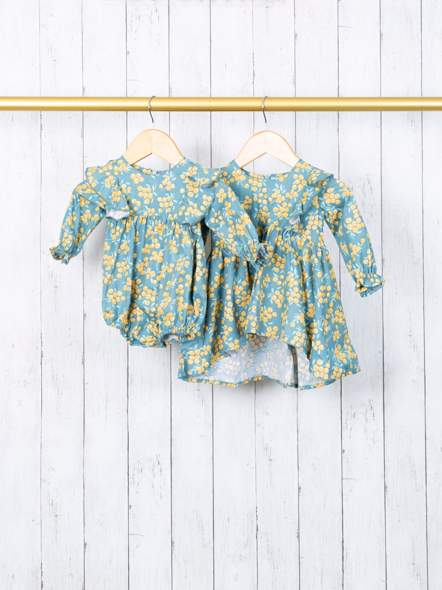 Frost Blue & Mustard Ruffle Romper - Marie Nicole Clothing