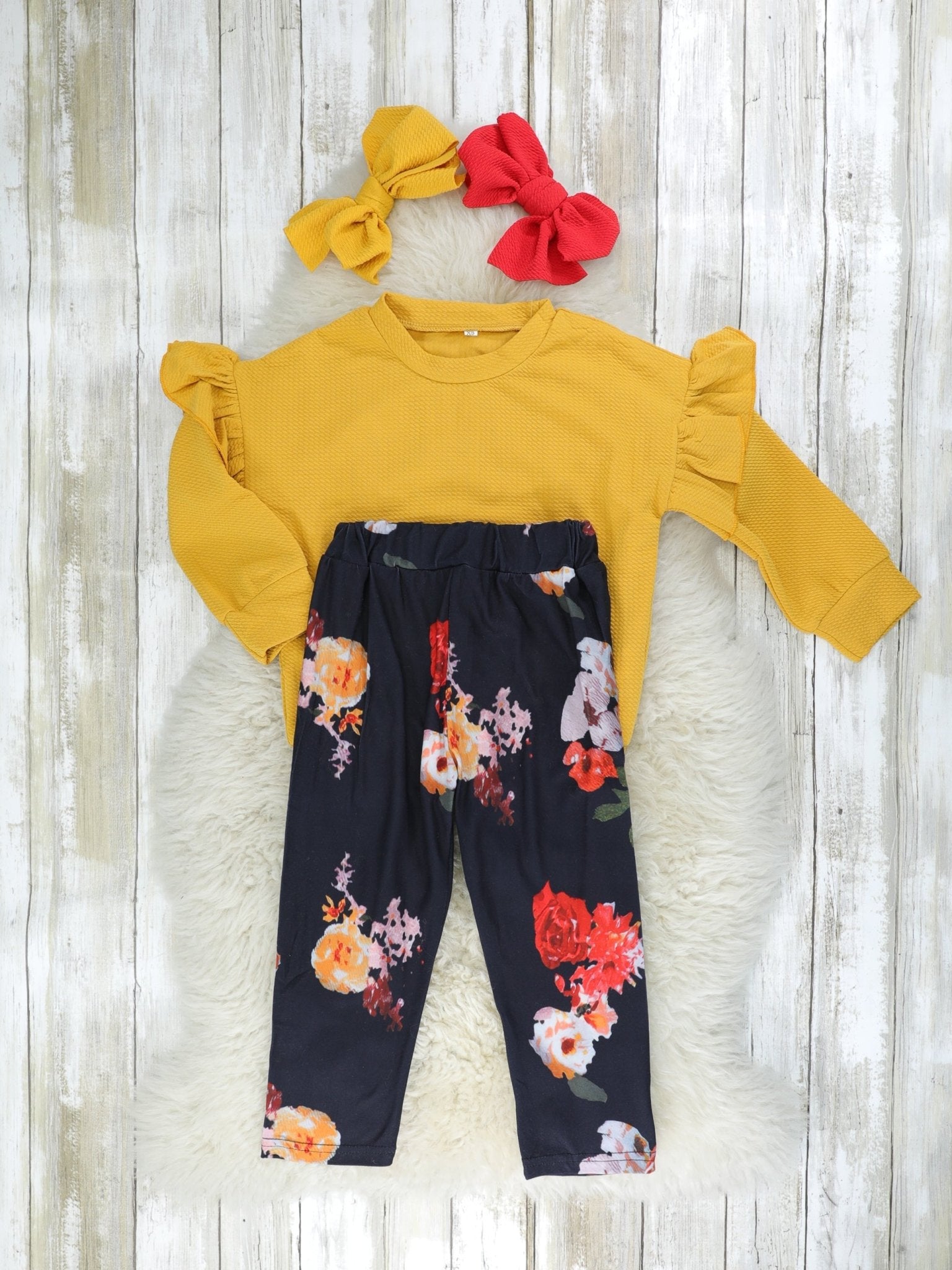 Mustard Ruffle Top & Floral Pants Outfit - Marie Nicole Clothing