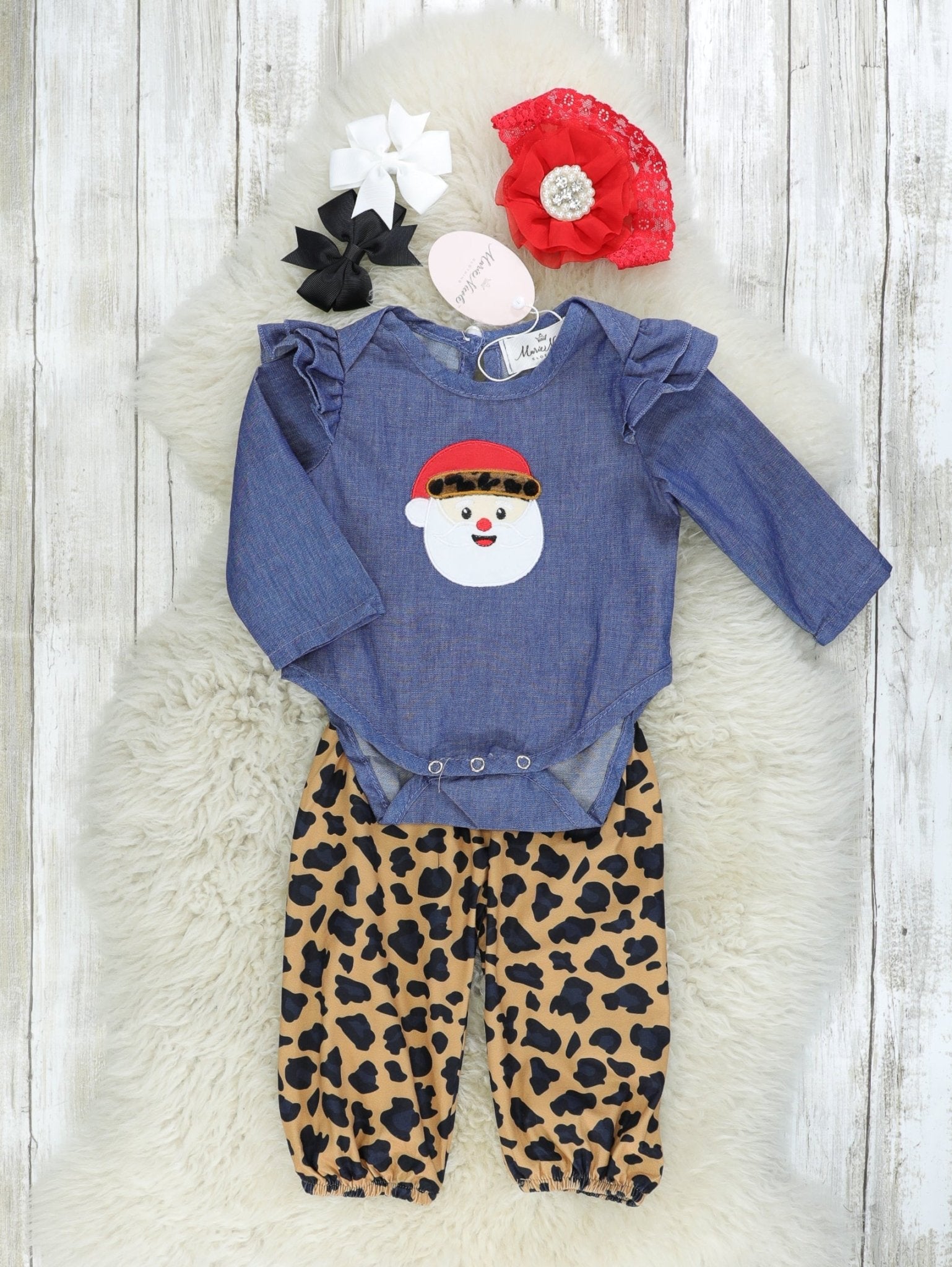 Chambray Leopard Santa Ruffle Romper Outfit - Marie Nicole Clothing