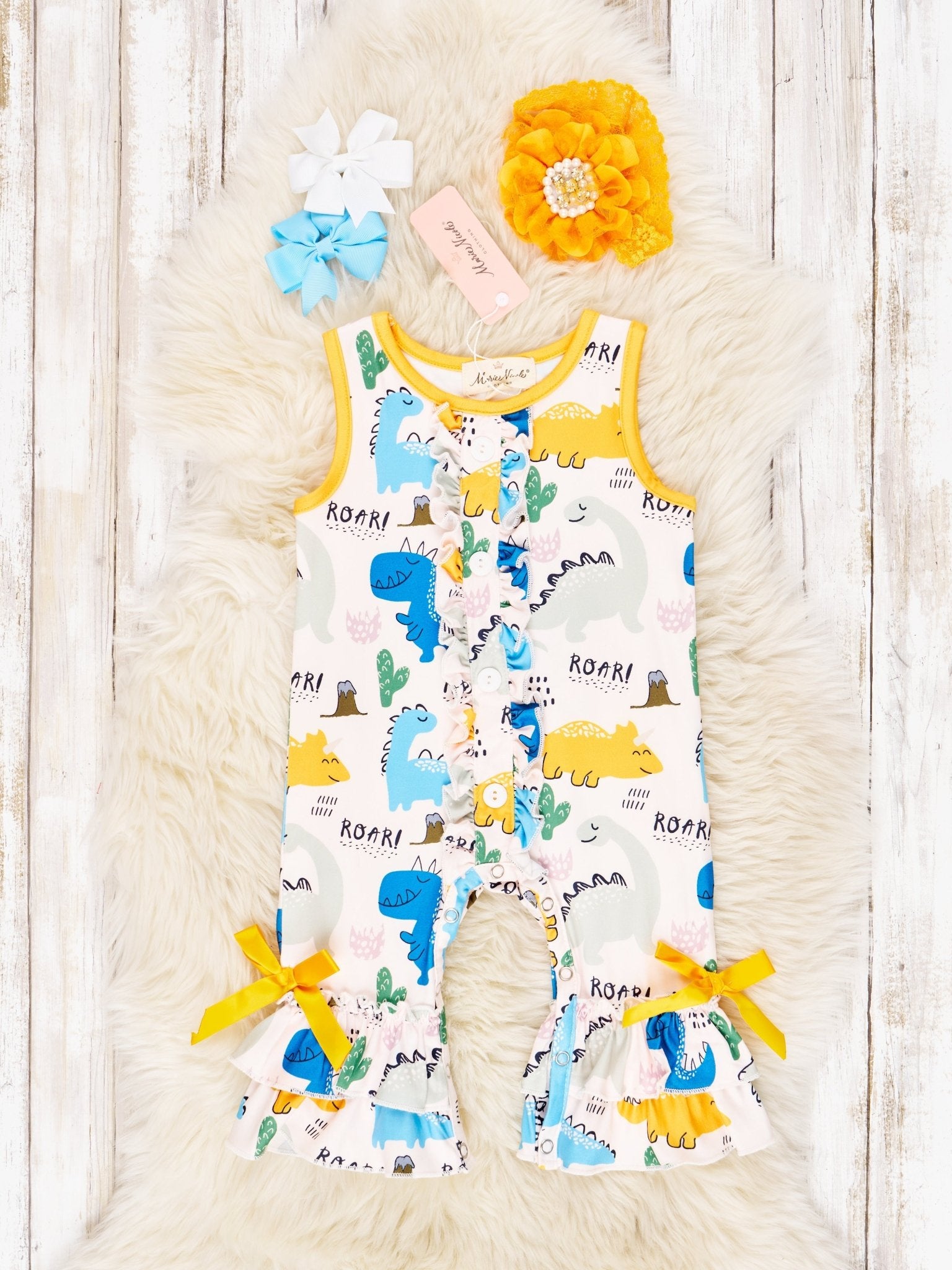 "ROAR" Dino Ruffle Romper - Marie Nicole Clothing