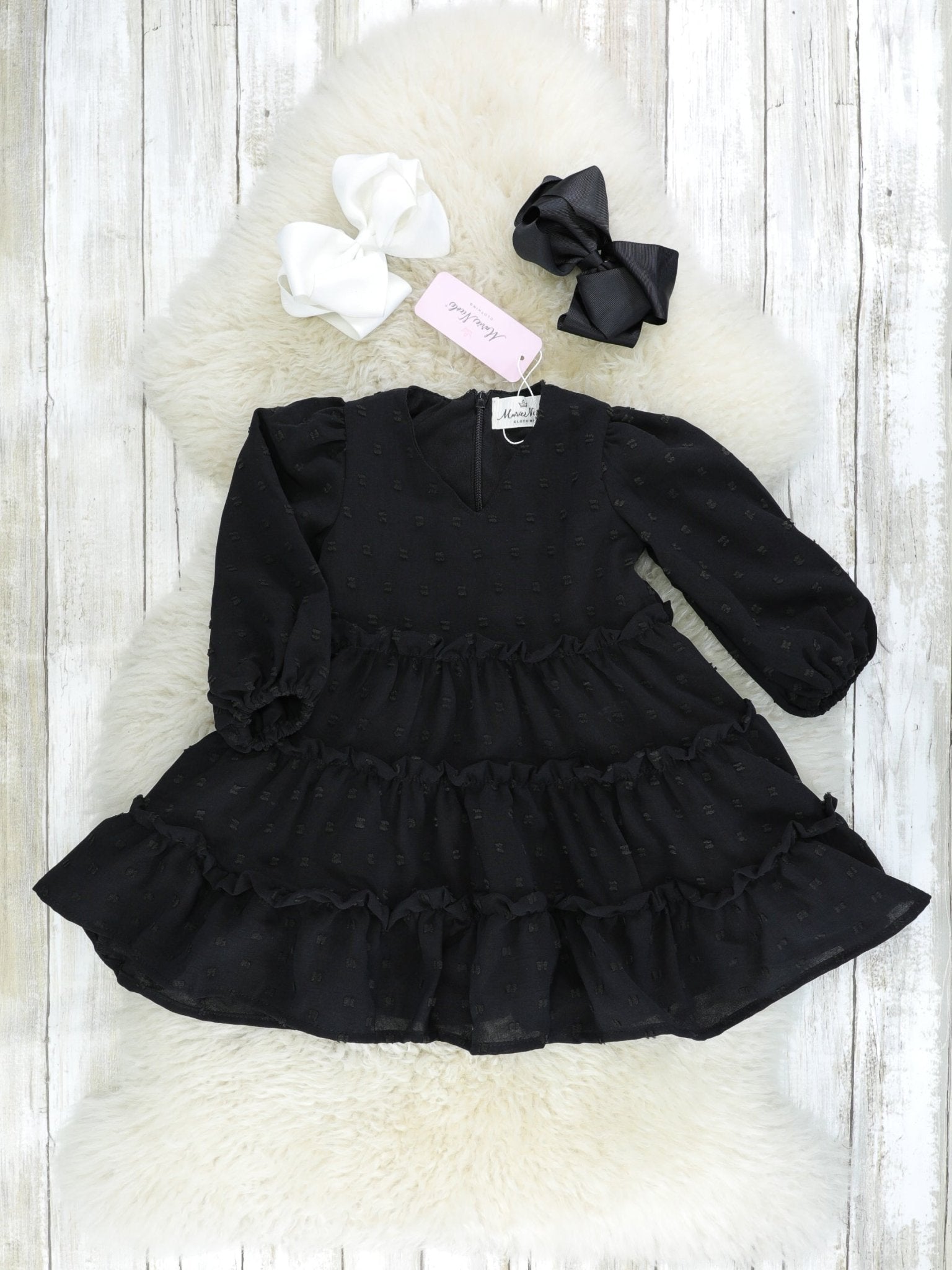 Black Swiss Dot Tiered Dress - Marie Nicole Clothing