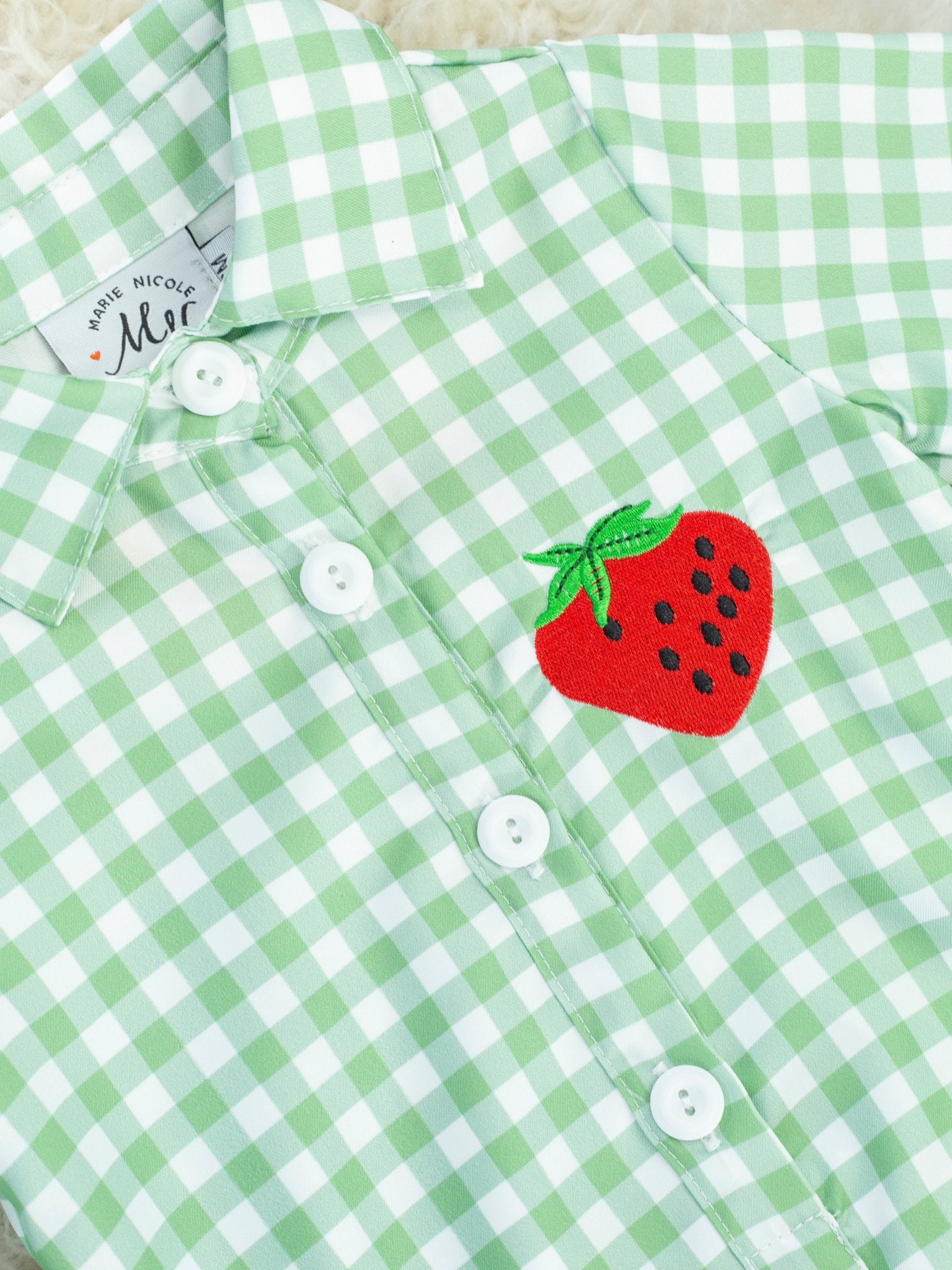 Green Gingham Strawberry Polo Romper - Marie Nicole Clothing