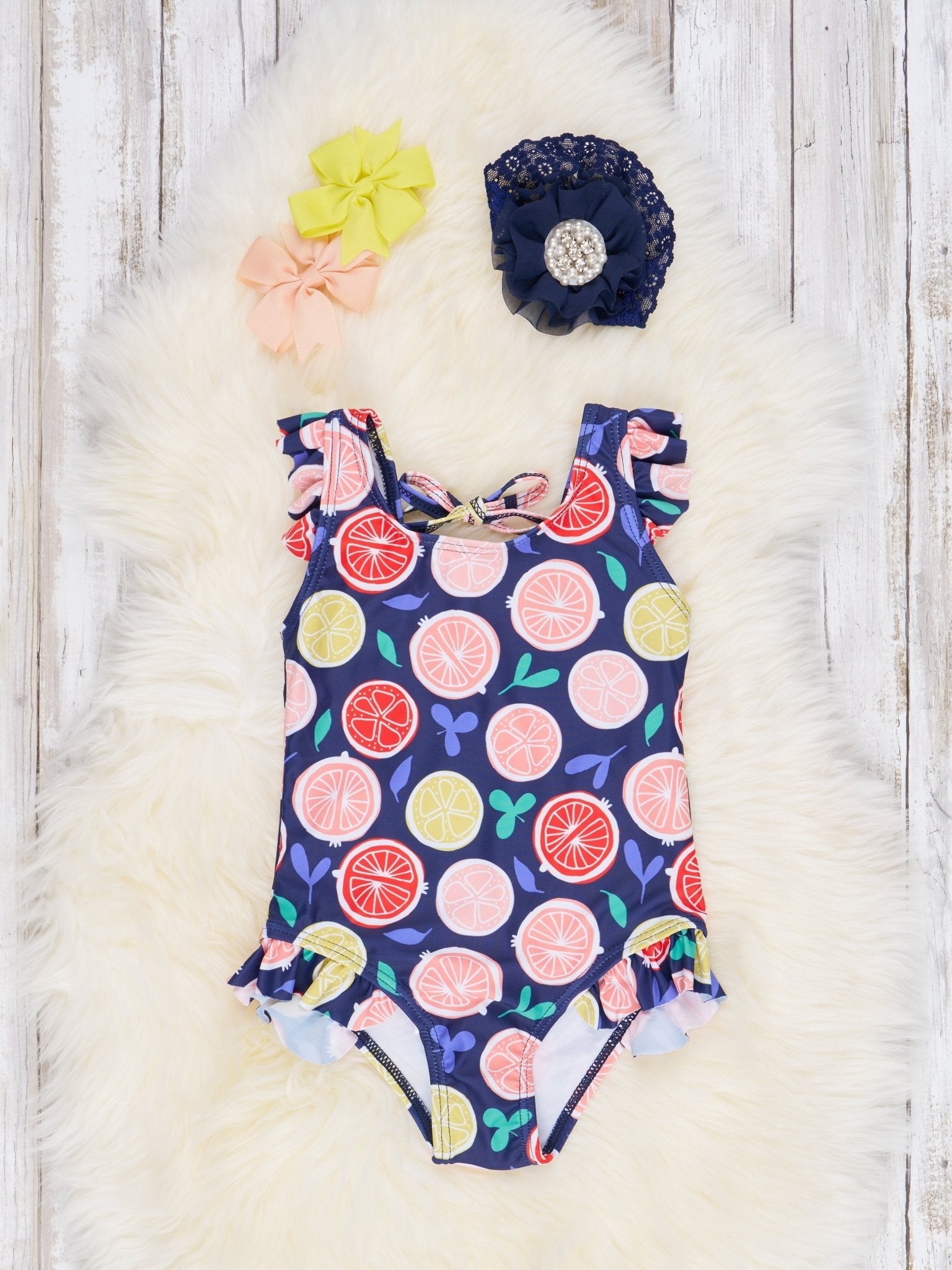 Citrus Ruffle Navy One - Piece Swimsuit - Marie Nicole Clothing