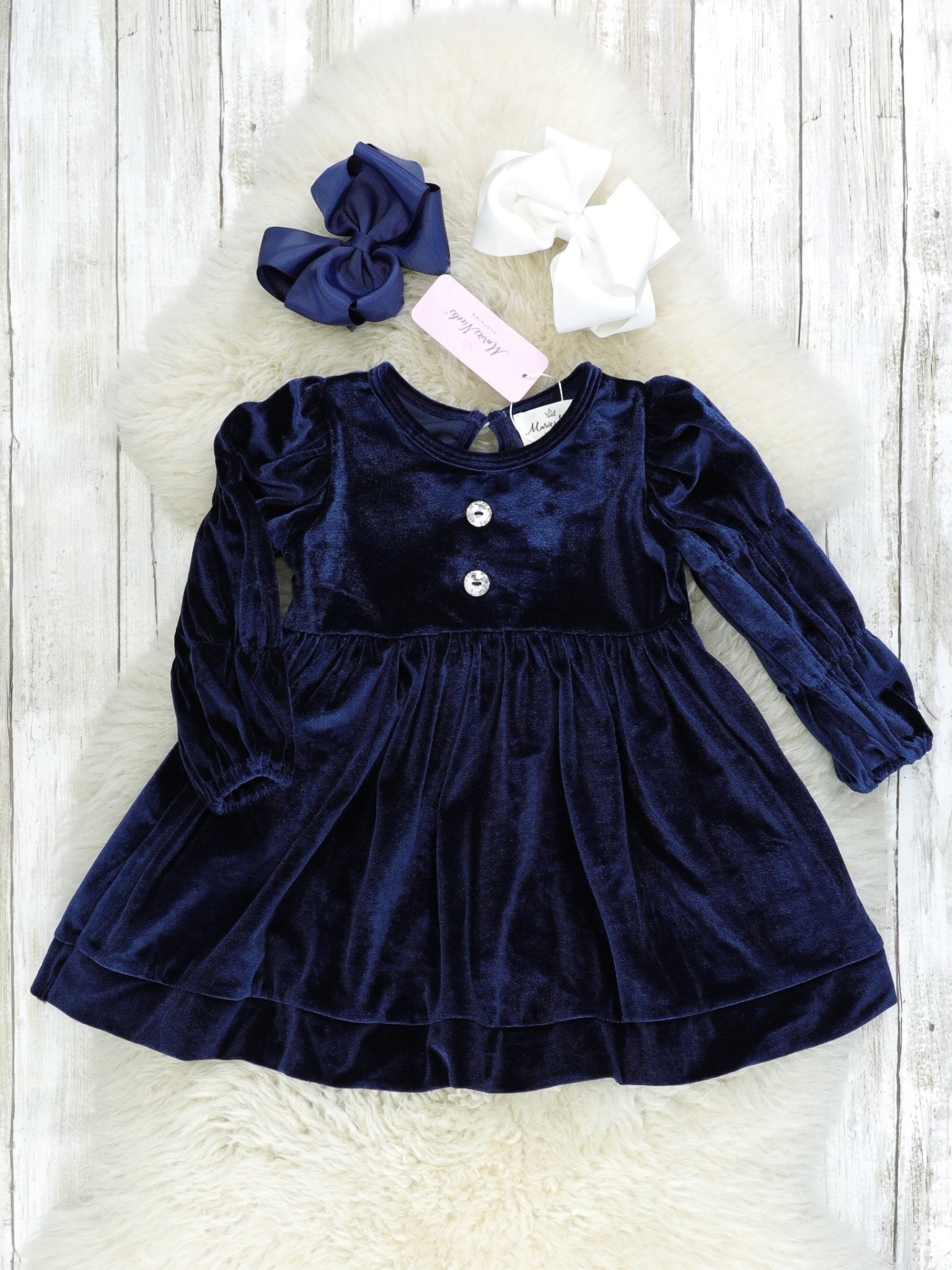 Navy Bubble Sleeve Velvet Dress - Marie Nicole Clothing