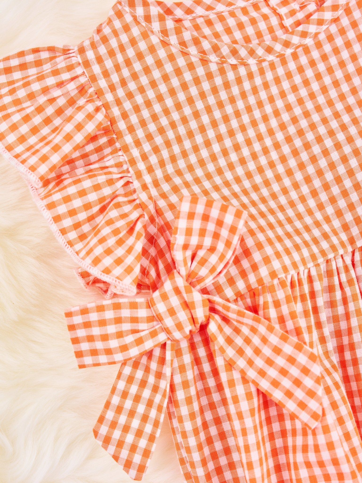 Orange & White Gingham Ruffle Bow Romper - Marie Nicole Clothing