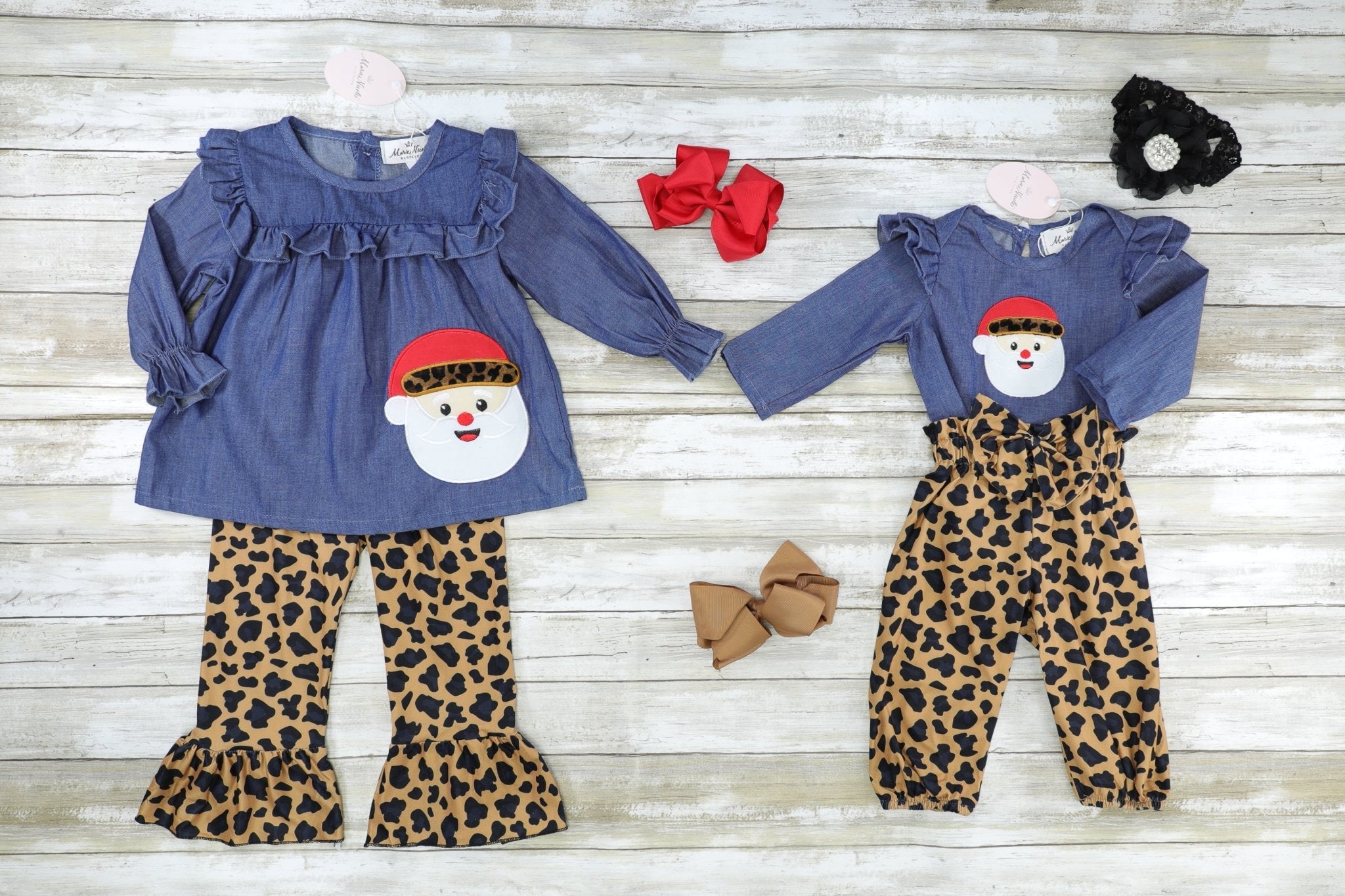Chambray Leopard Santa Ruffle Romper Outfit - Marie Nicole Clothing