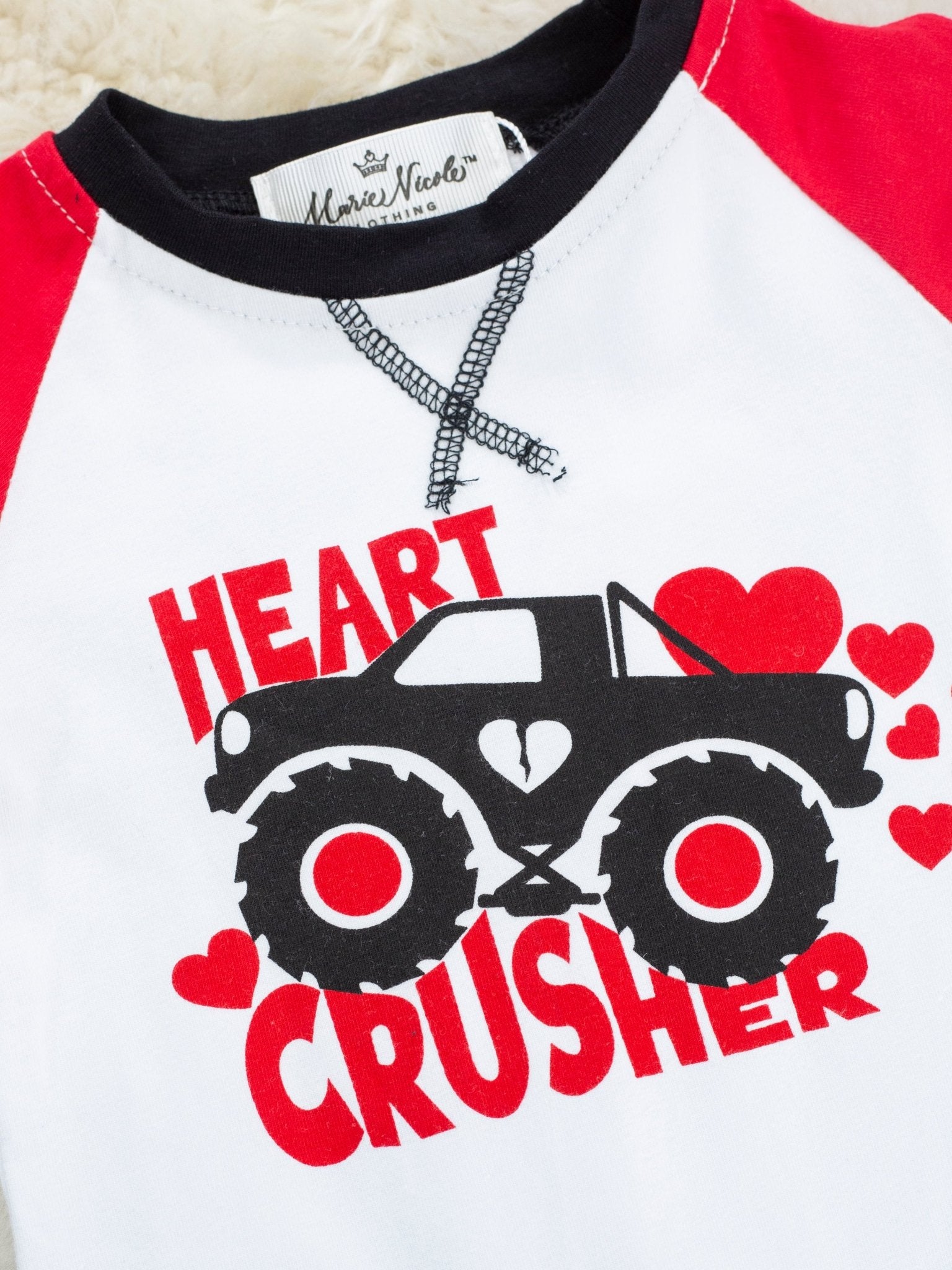 Red "Heart Crusher" Monster Truck Raglan Romper - Marie Nicole Clothing