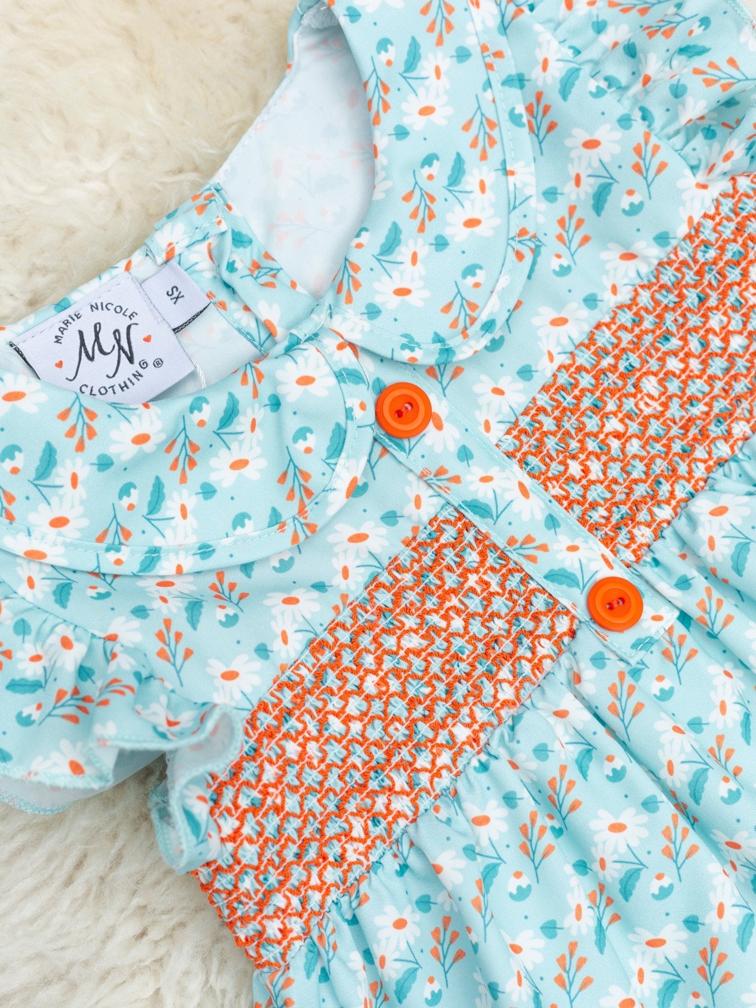 Blue & Orange Smocked Vintage Daisy Ruffle Dress - Marie Nicole Clothing