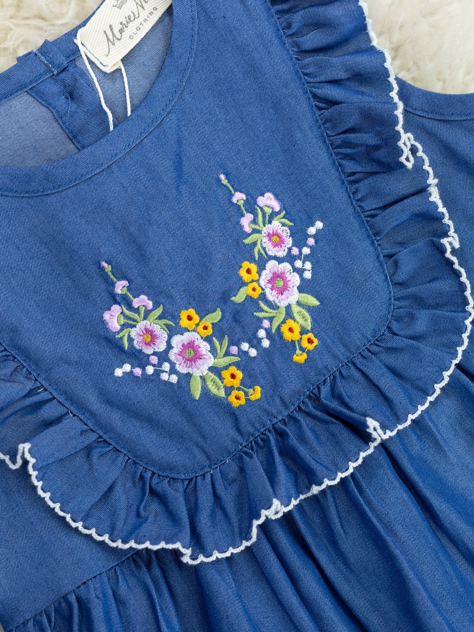 Chambray Floral Bib Collar Dress - Marie Nicole Clothing