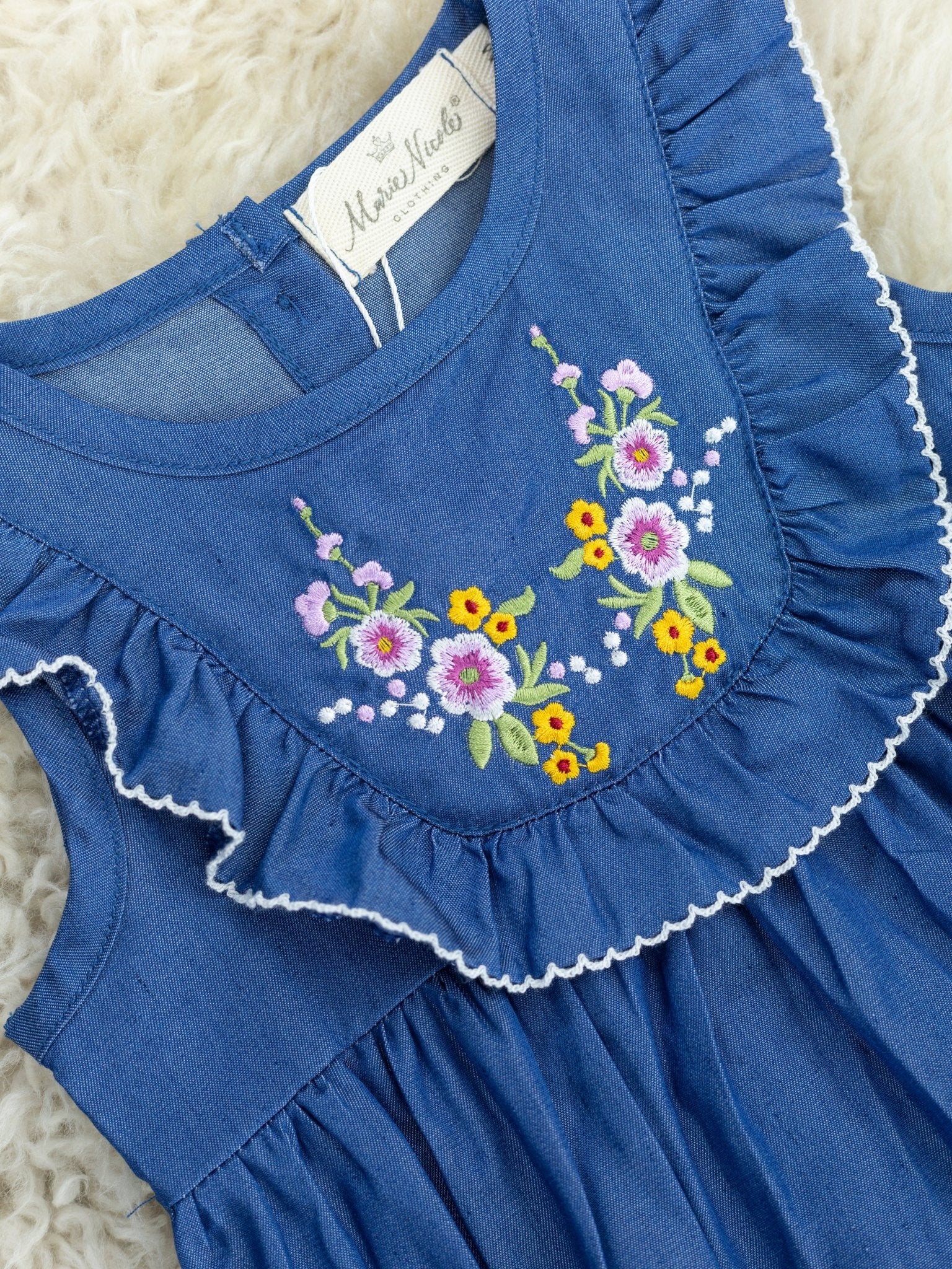 Chambray Floral Bib Collar Romper - Marie Nicole Clothing