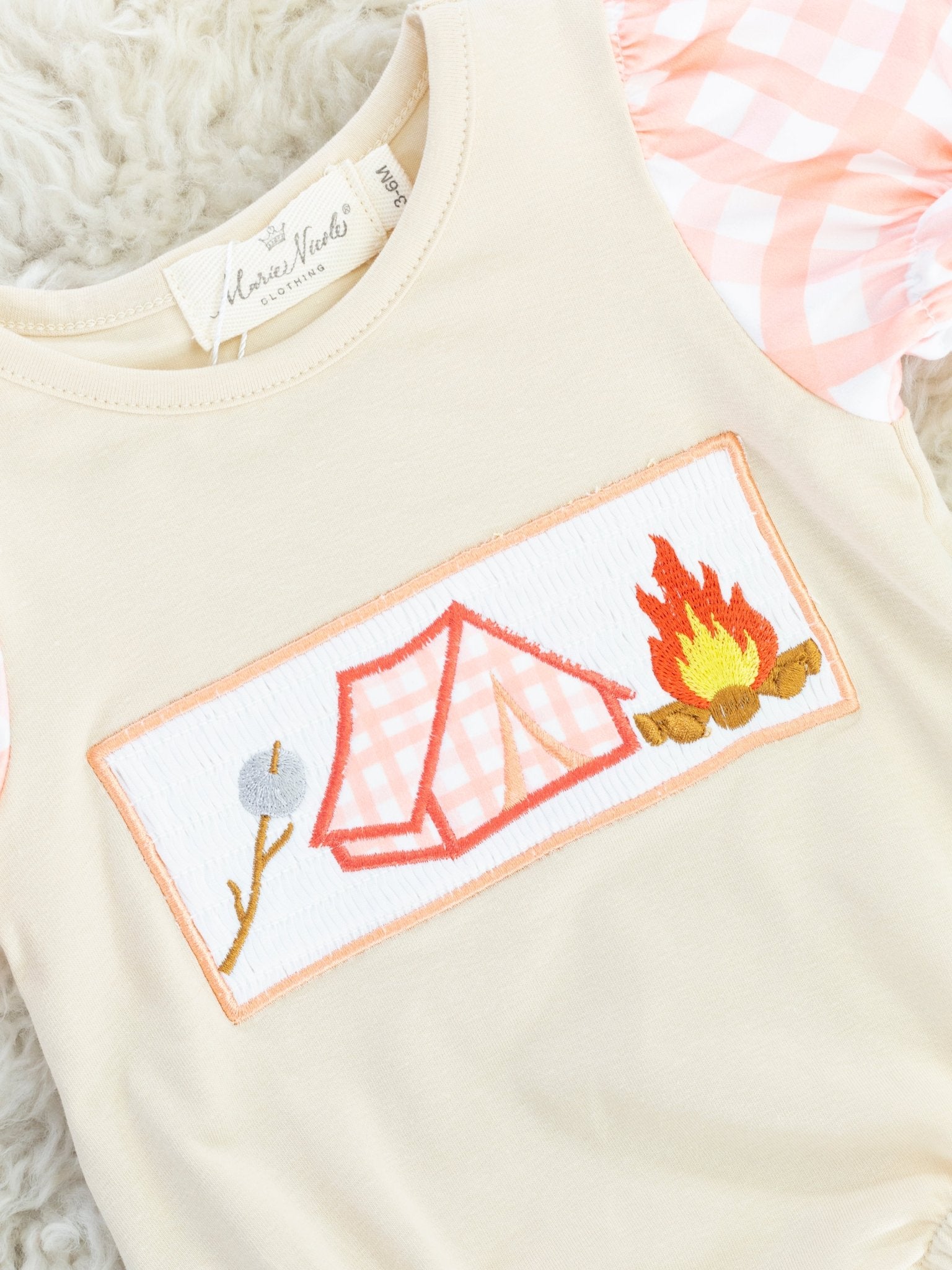 Tan Smocked Camping Bubble Romper - Marie Nicole Clothing
