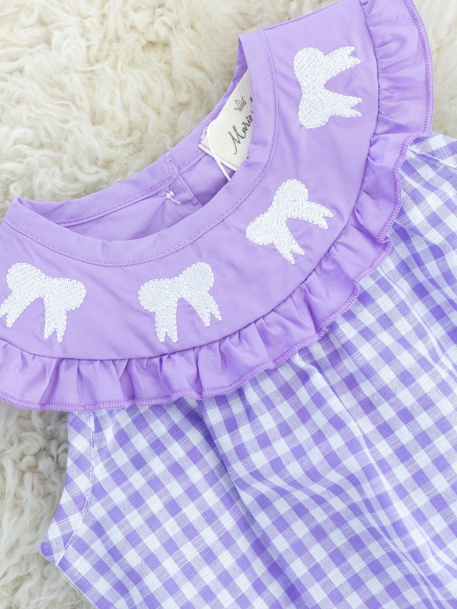 Purple Gingham Bow Ruffle Bubble Romper - Marie Nicole Clothing