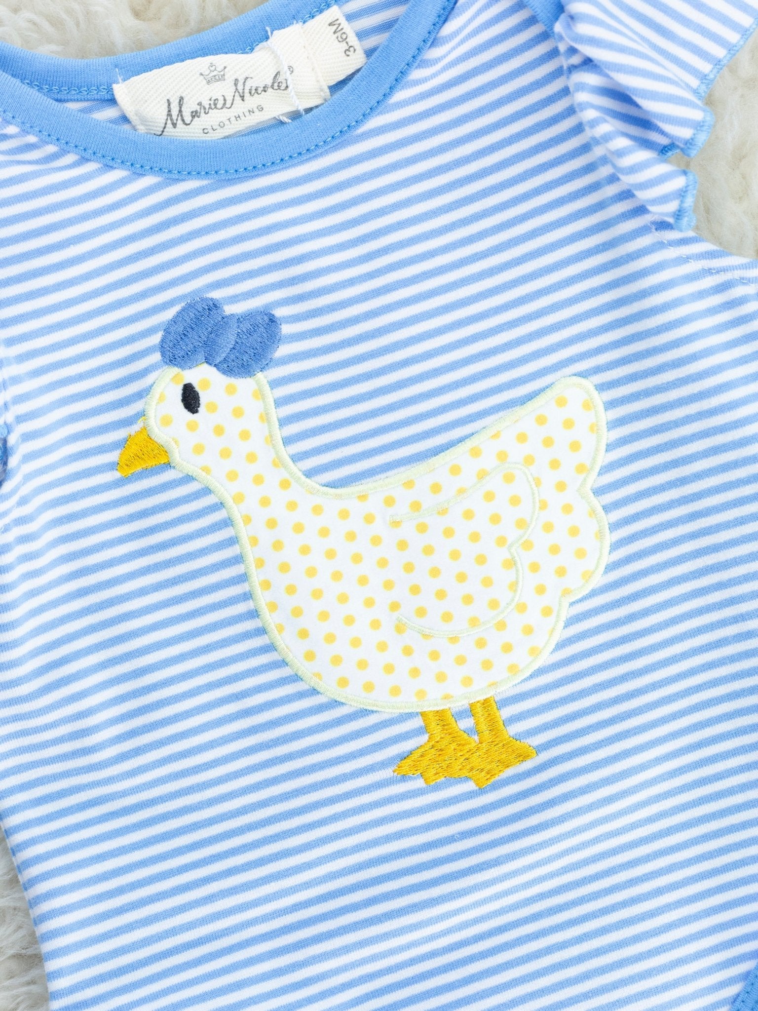 Blue Striped Duck Ruffle Romper - Marie Nicole Clothing