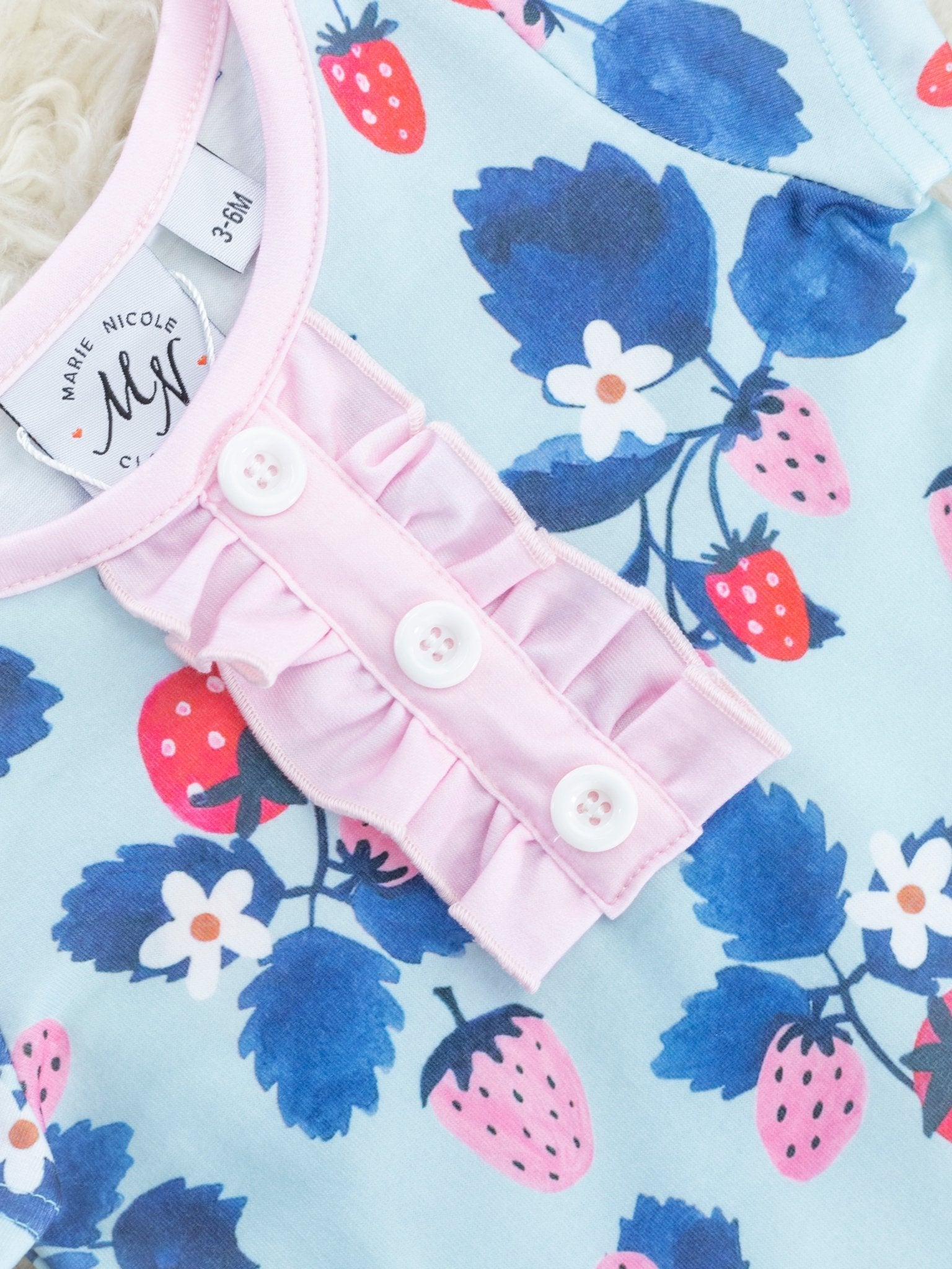 Blue Strawberry Ruffle Romper - Marie Nicole Clothing