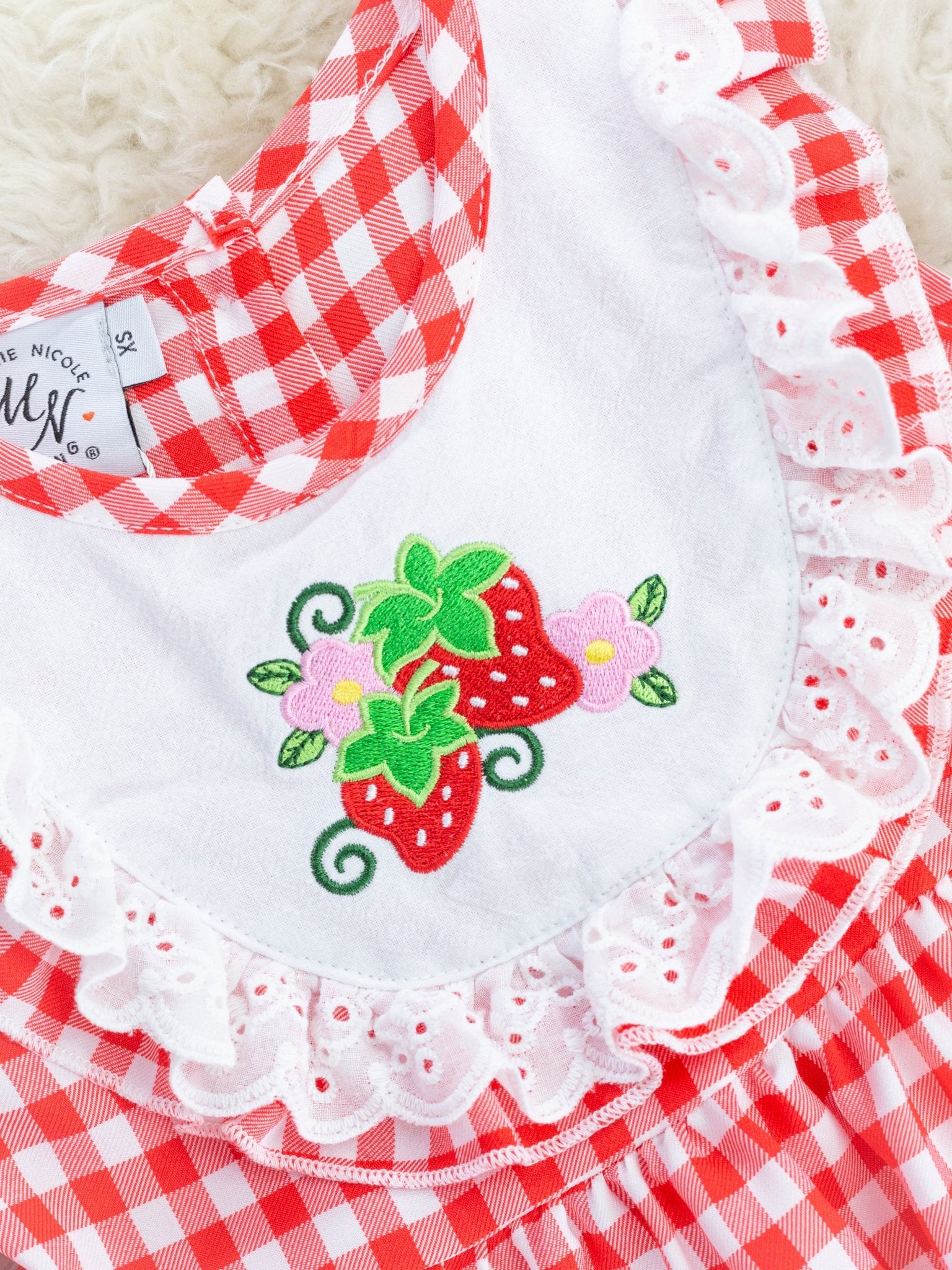 Red Gingham Strawberry Bib Collar Dress - Marie Nicole Clothing