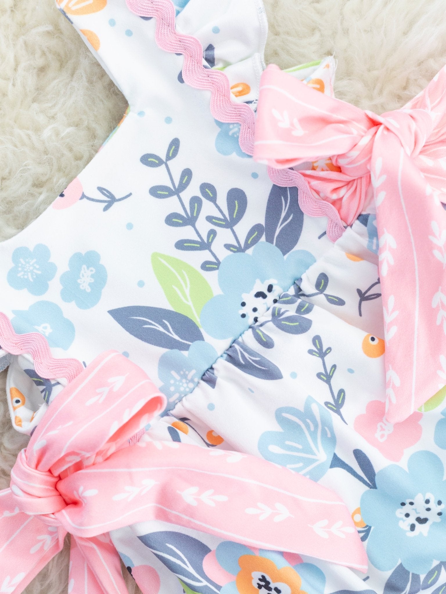 Pink & Blue Floral Bow Ruffle Bubble Romper - Marie Nicole Clothing
