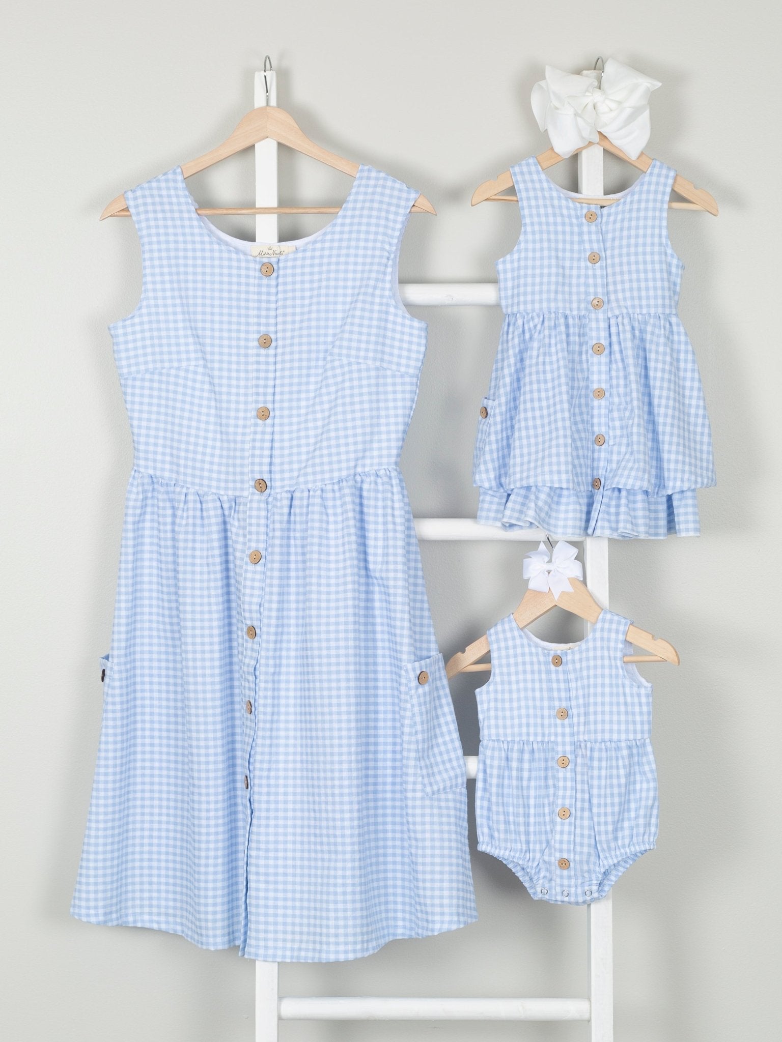 Mom & Me Blue Gingham Button Dress & Romper - Marie Nicole Clothing