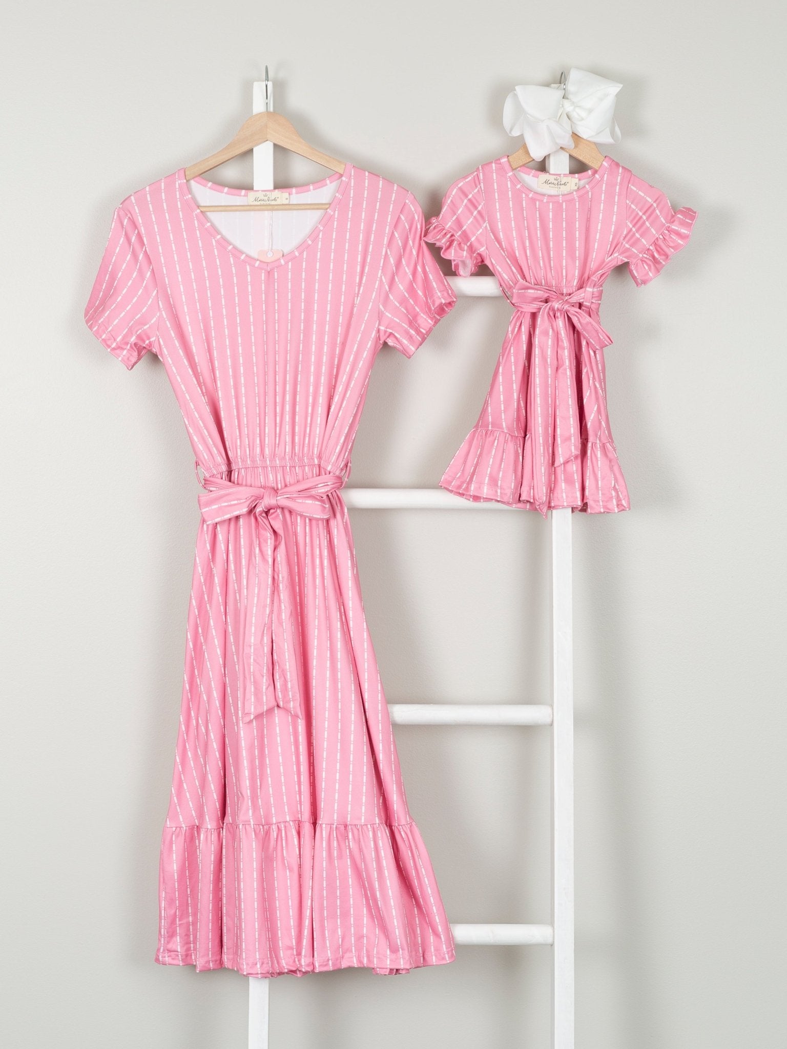 Mom & Me Pink Striped Tie Ruffle Dress - Marie Nicole Clothing