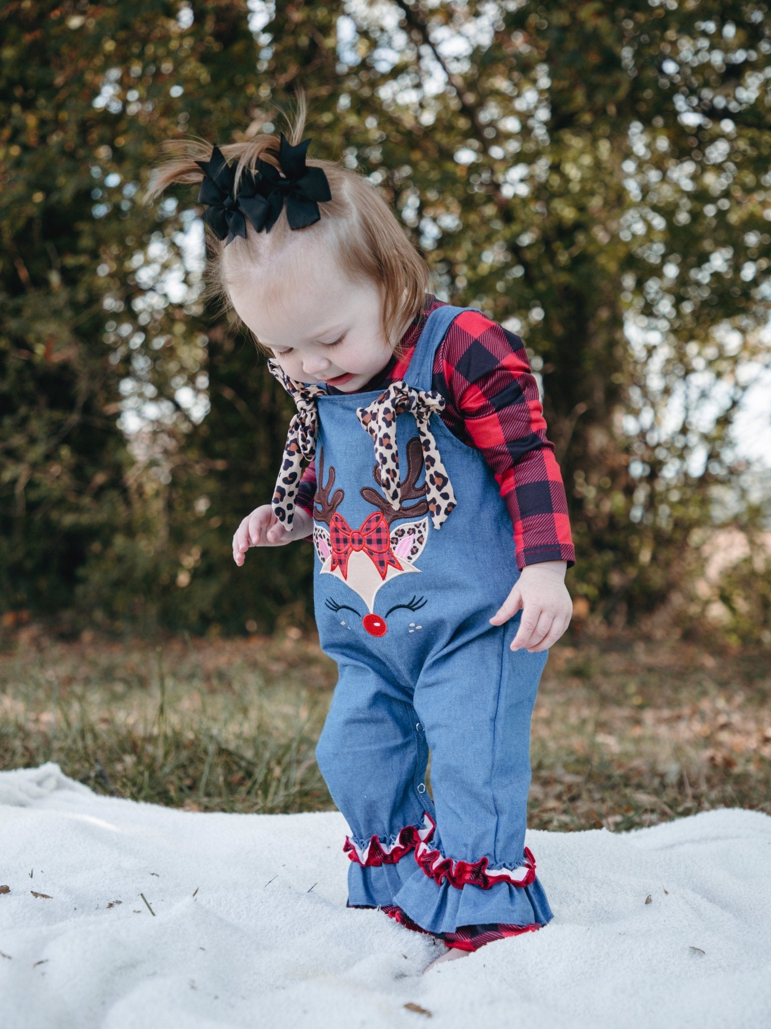 Buffalo Plaid & Leopard Reindeer Romper - Marie Nicole Clothing